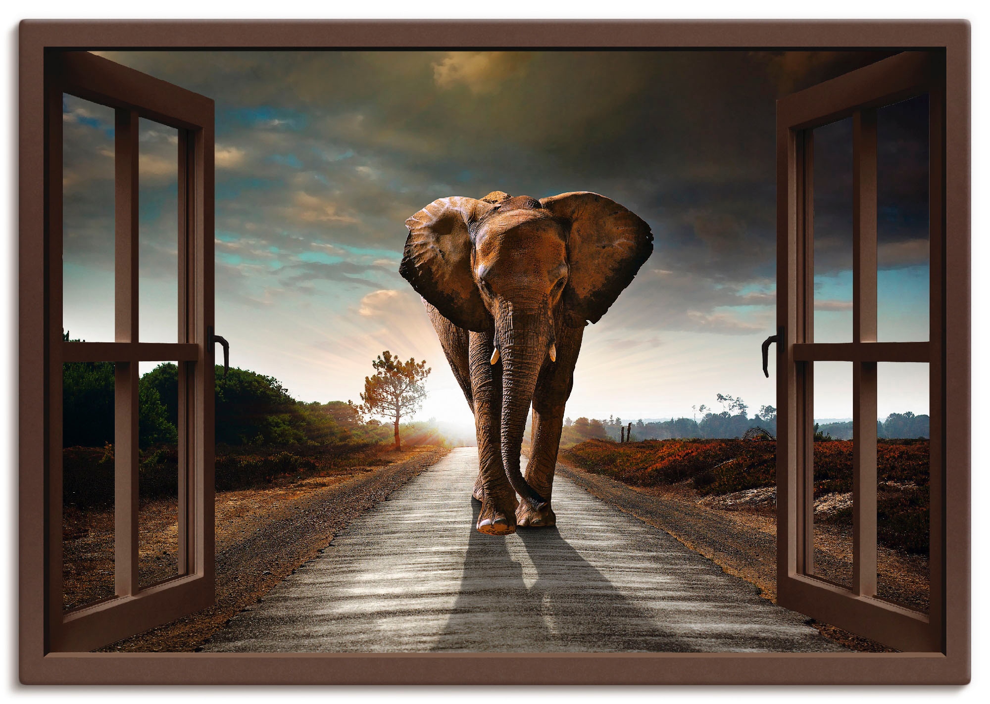 Leinwandbild »Elefant auf Straße - braunes Fenster«, Fensterblick, (1 St.), auf...