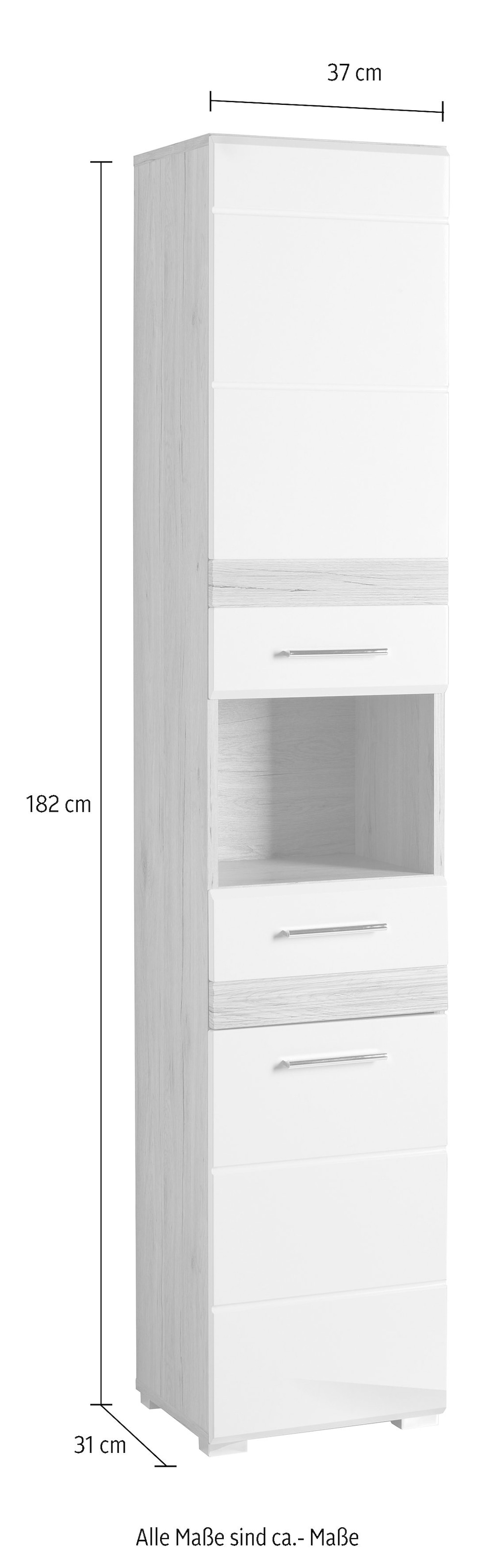 welltime Hochschrank »Toulon«, Badschrank mit Schublade und offenem Fach - Maße (B/T/H) 37/31/182 cm