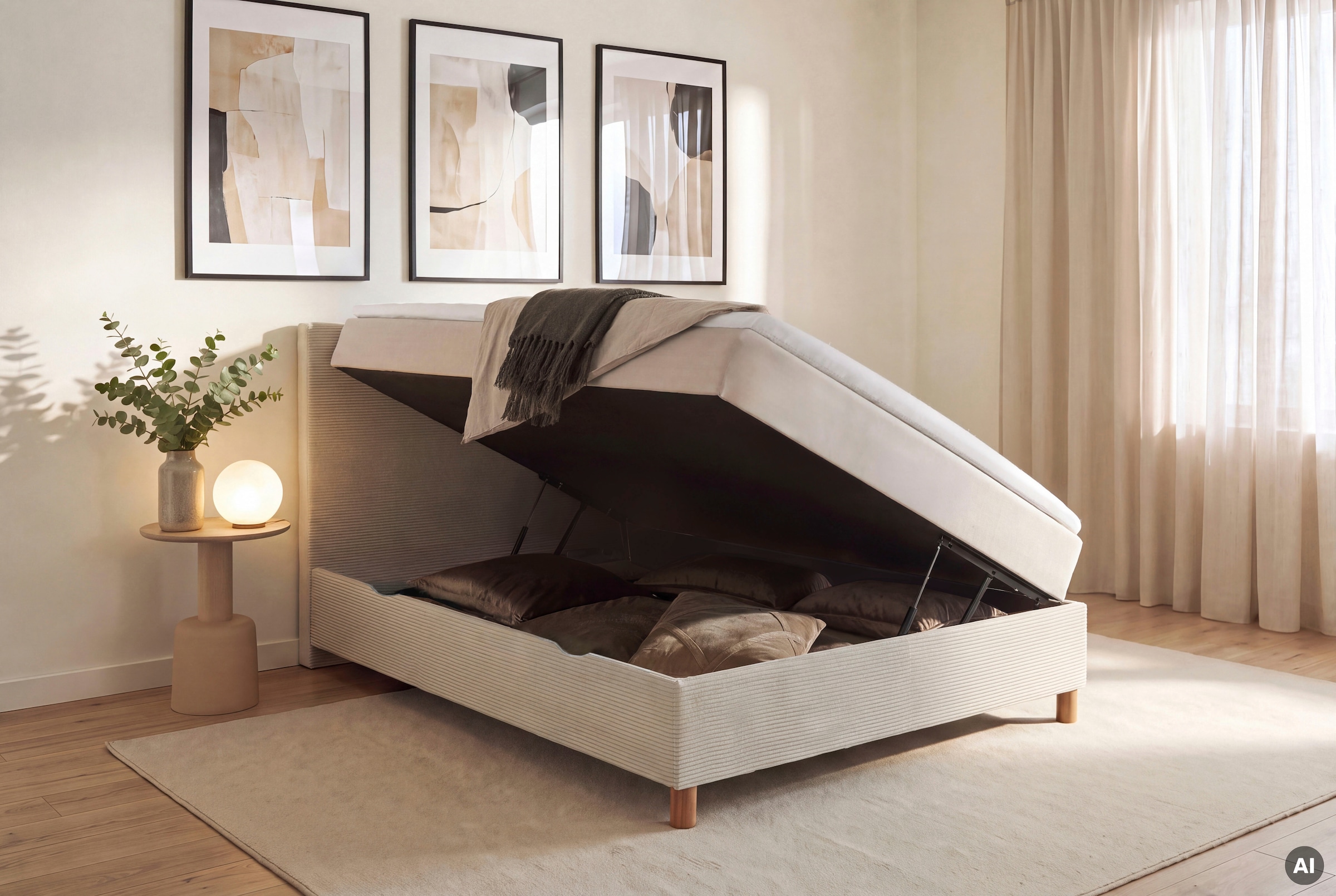 meise.möbel Boxbett »KORSIKA, Polsterbett mit Bettkasten, inkl. Taschenfederkernmatratze H3« mit Kaltschaum-Topper, Cordstoff-Bezug, 140x200 cm, Holzfüße