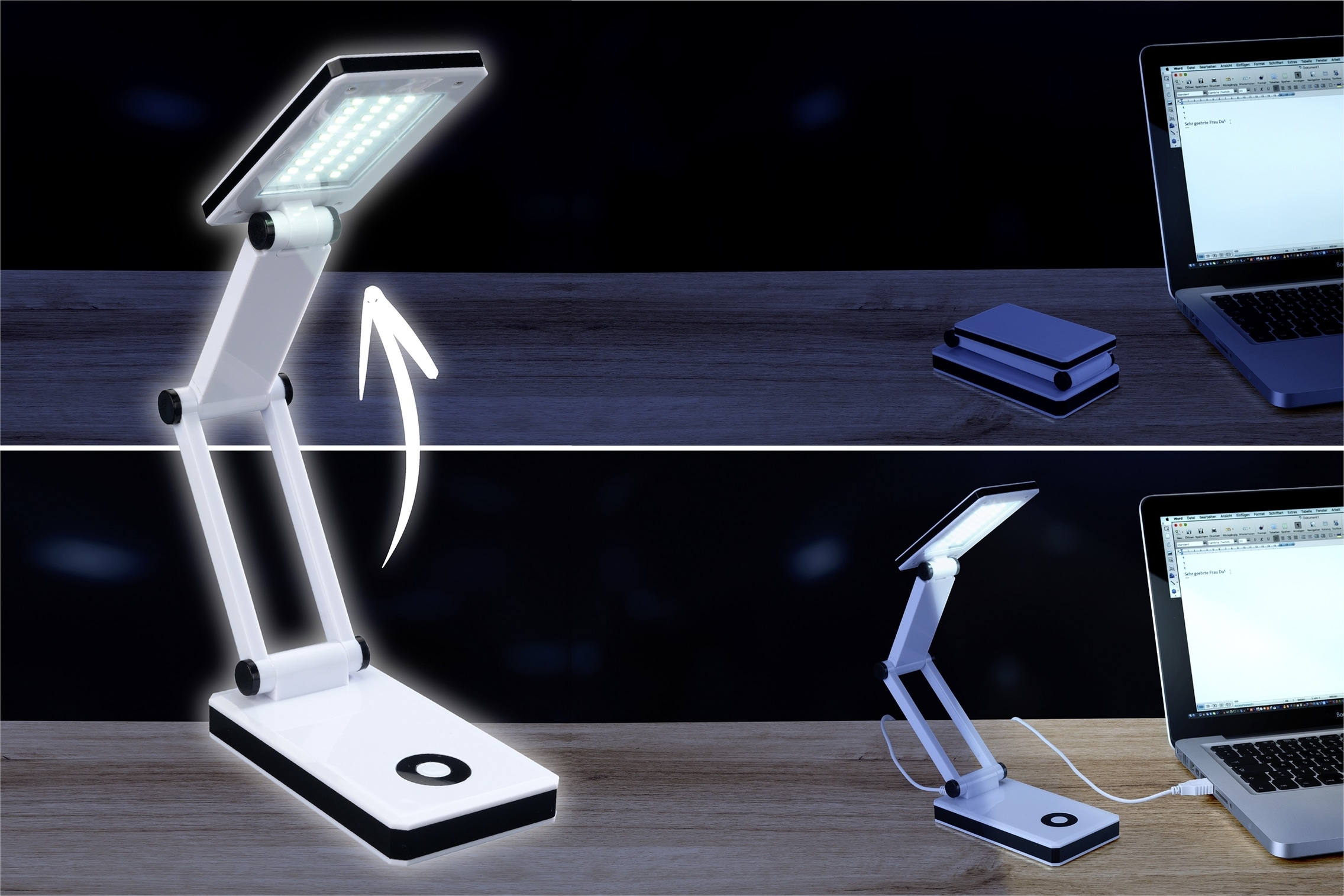 Maximex LED Schreibtischlampe »faltbar«, Leuchtmittel LED-Modul | LED fest integriert, LED Lampe, stufenlos verstellbar, USB-Port oder Batteriebetrieb