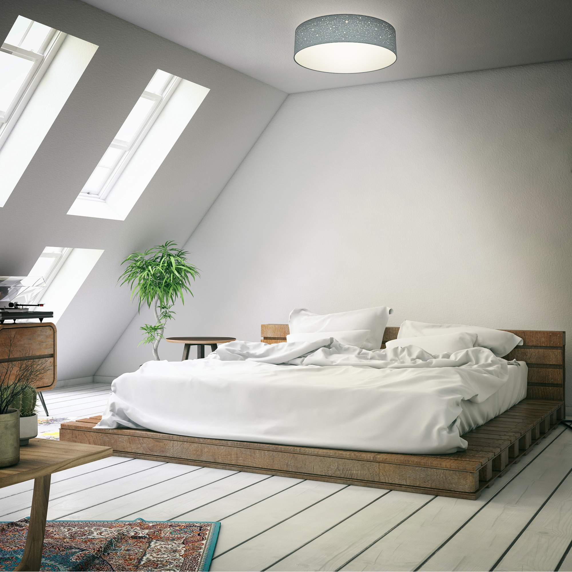 B.K.Licht Deckenleuchte, 1 flammig, Leuchtmittel E27 | ohne Leuchtmittel, Textil-Sternenhimmel, grau, 2-flammig E27, Stoffdeckenleuchte, rund