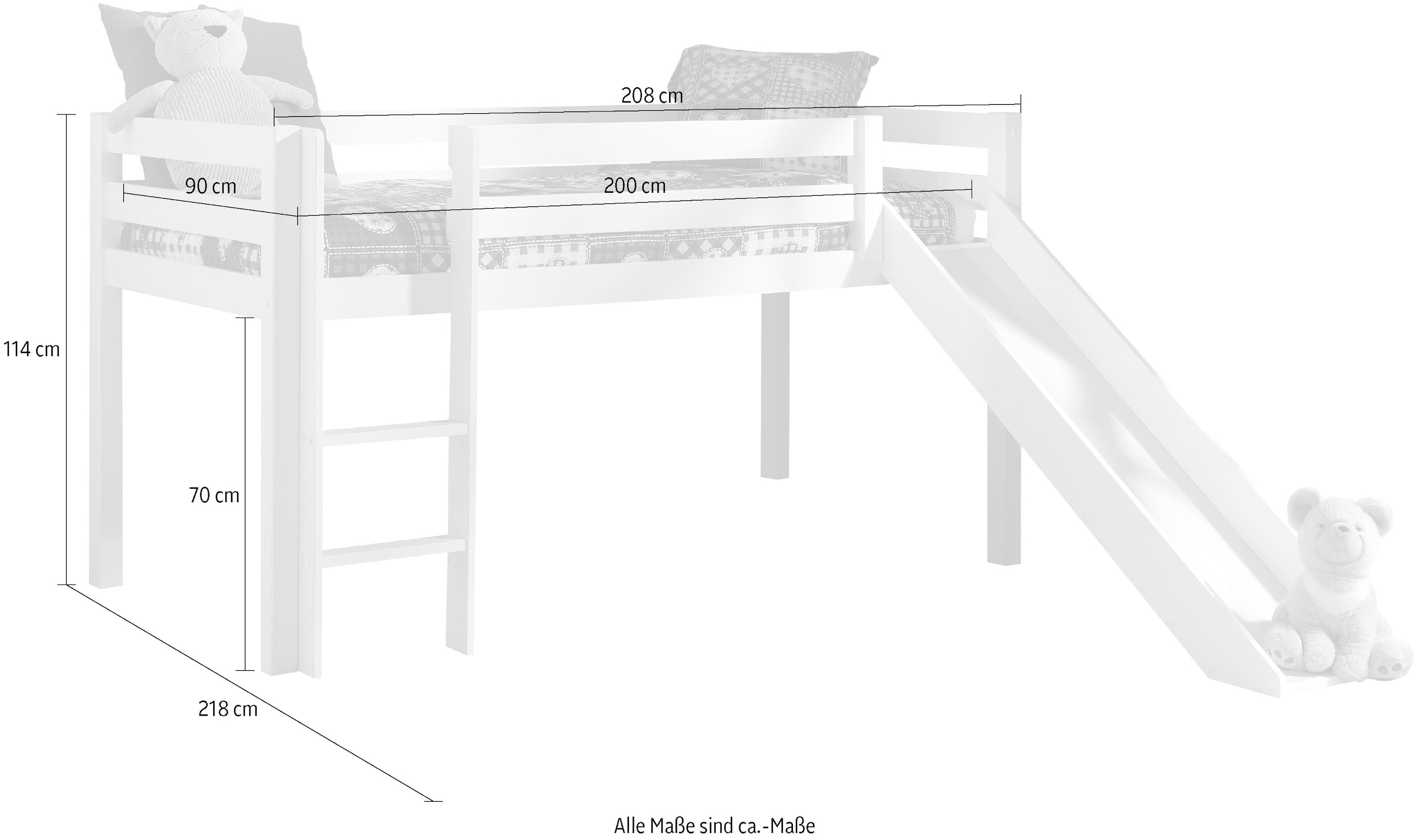 Vipack Hochbett »Pino, inkl. Rolllattenrost, Leiter, Rutsche und Absturzschutz«, (B/H/T ca. 210x114x218cm, Kiefer massiv, stabil und standfest), in verschiedenen Farben erhältlich