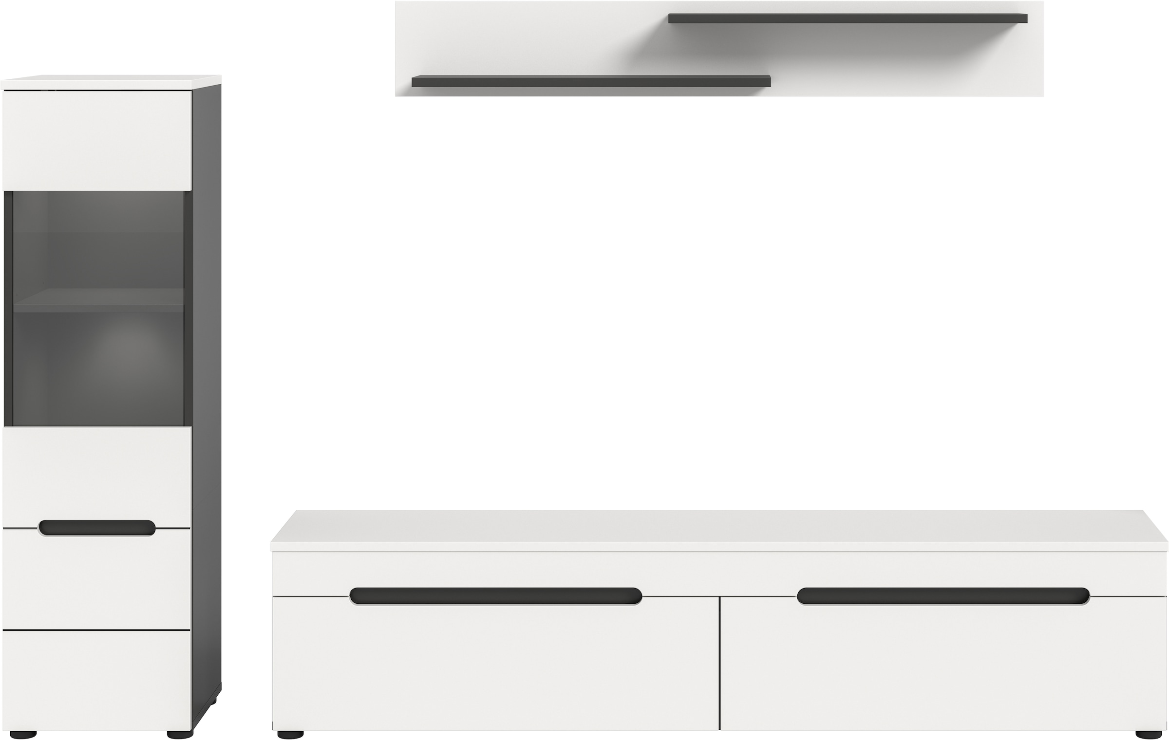 Home affaire Wohnwand »REHAT, TOPSELLER!, 3-teilig, inkl. Beleuchtung, stehend oder hängend« Set bestehend aus: Vitrine inkl. Beleuchtung, Lowboard und Wandboard, 3 Stk. tlg.