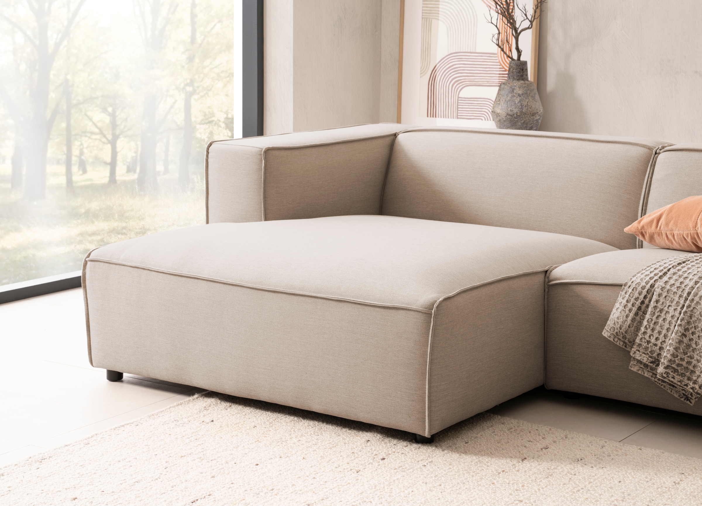 LeGer Home by Lena Gercke Ecksofa »PIARA mit Kedernaht in Cord oder Leinenoptik, moderne Couch in L-Form«, wahlweise Ottomane rechts/links, schwarze Füße, bequemer Sitzkomfort