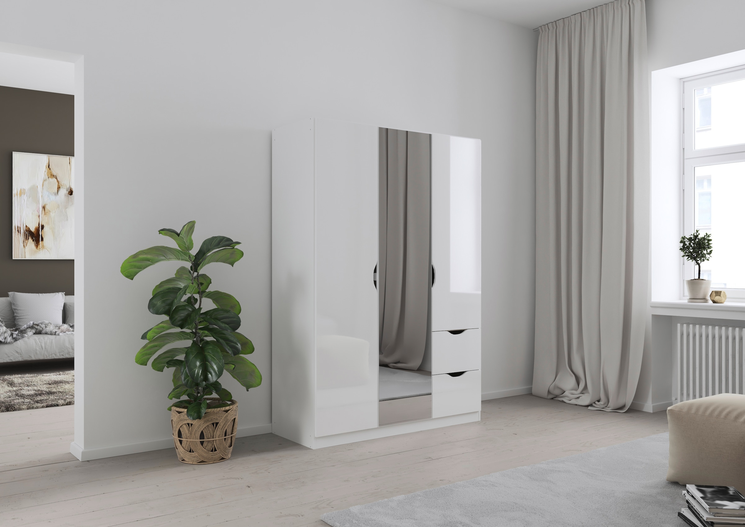 rauch Kleiderschrank »Freiham Kleiderschrank Garderobenschrank Nischenlösung« mit Spiegel und Schubkästen, Griffmulden,  Schlafzimmerschrank Schrank
