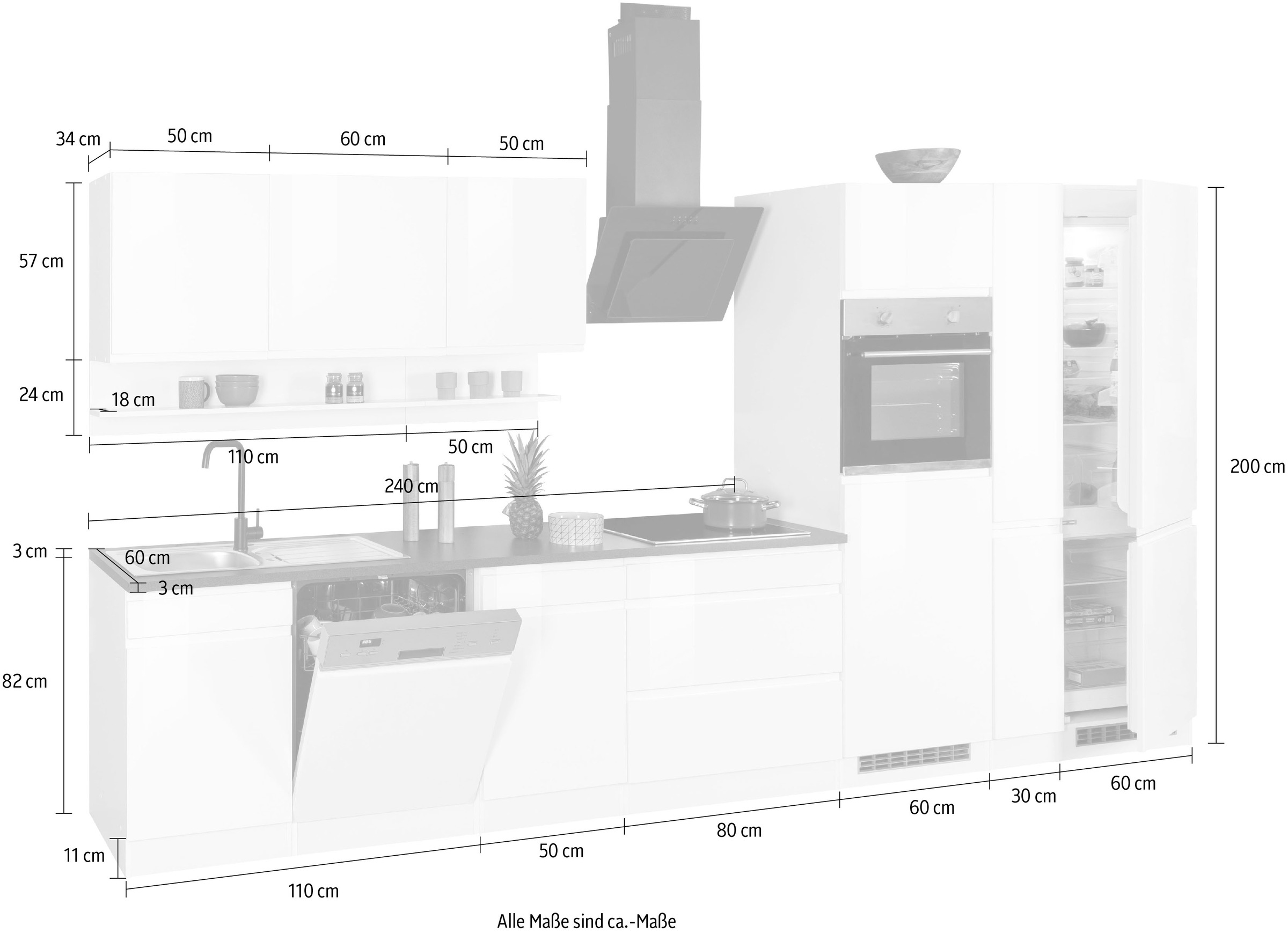 KOCHSTATION Küchenzeile »KS-Virginia«, Breite 390 cm, mit Glaskeramik-oder Induktionskochfeld