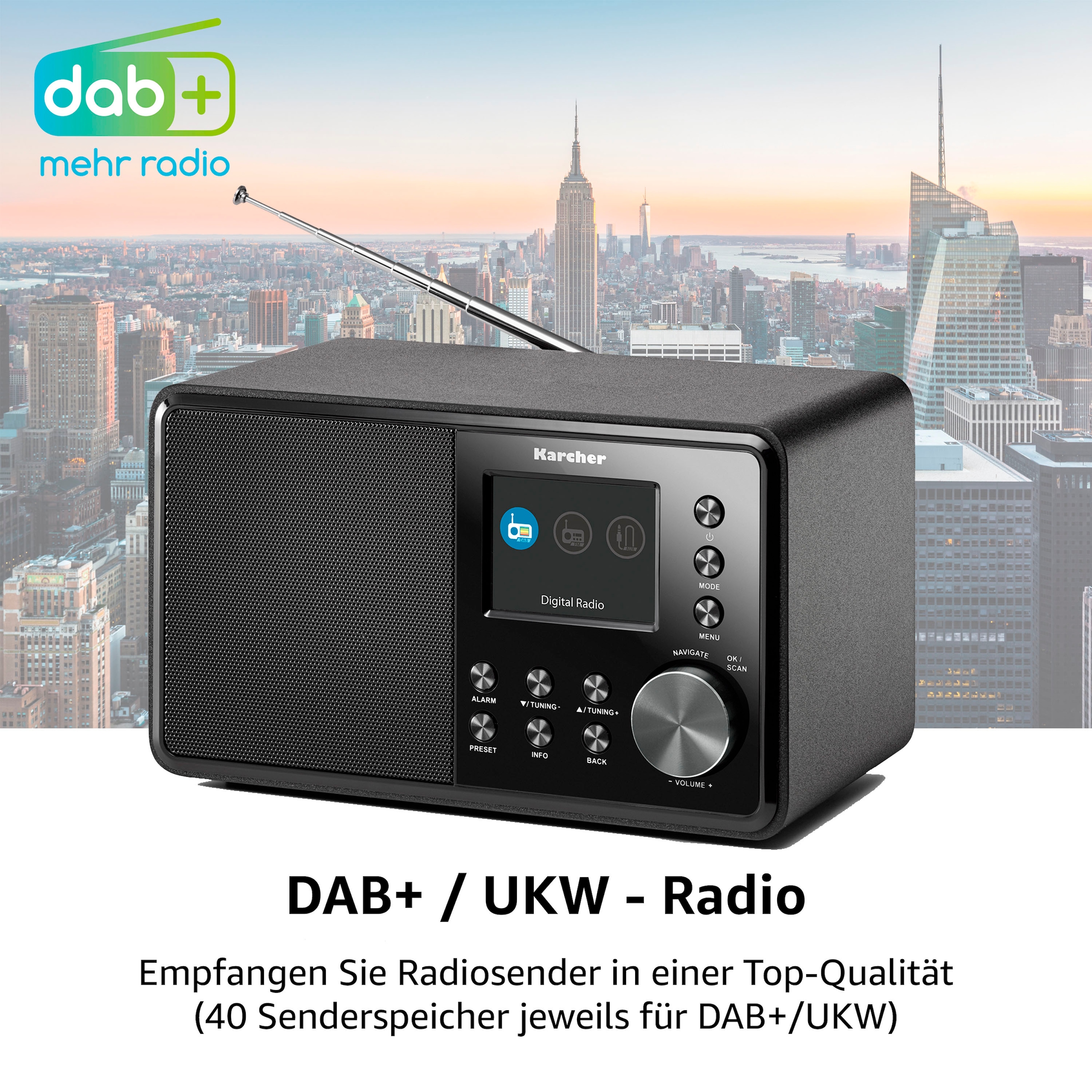 Karcher Digitalradio (DAB+) »DAB 3000«, (Digitalradio (DAB+)-FM-Tuner mit RDS-UKW mit RDS 3 W), FM-Tuner mit RDS, UKW mit RDS, 3 W, Radio mit Farbdisplay, AUX-Eingang