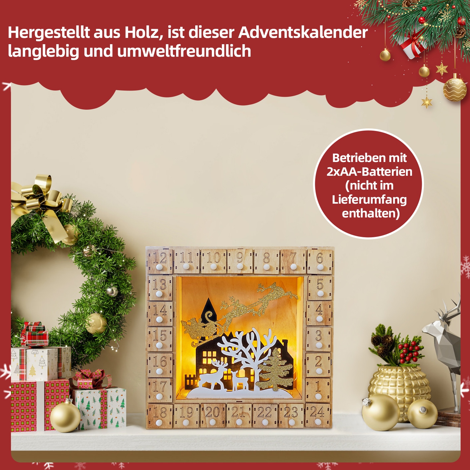 SHX Dekoobjekt »Adventkalender mit Motiv "Haus"«, LED-Licht, liebevoll gestaltetes Motiv, Kästchen mit 4x4 cm