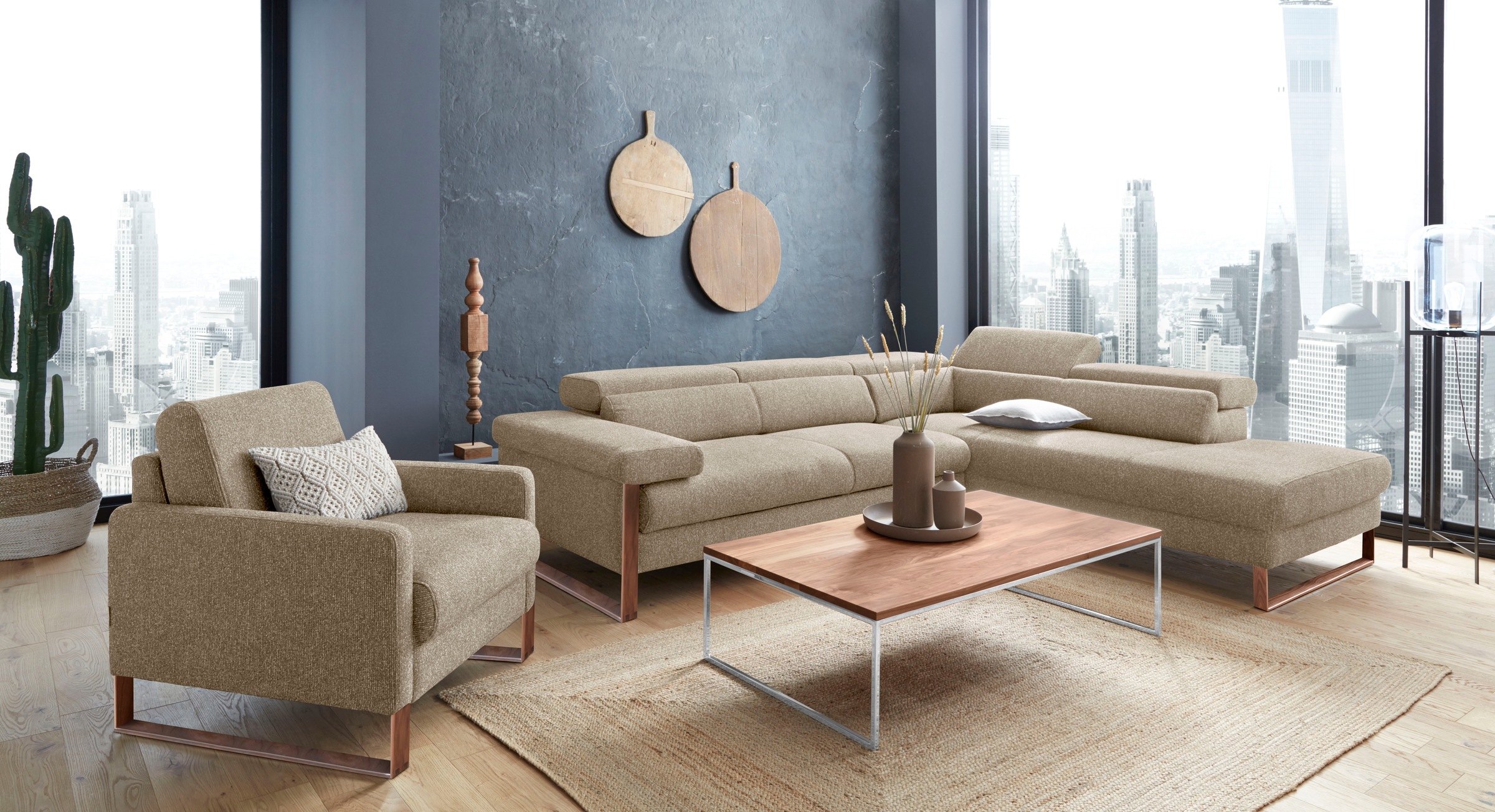 W.SCHILLIG Ecksofa »finn, Designsofa mit tollem Sitzkomfort, bequem, L-Form«, German Design Award 2016, Fußgestell Nussbaum natur, Breite 281 cm