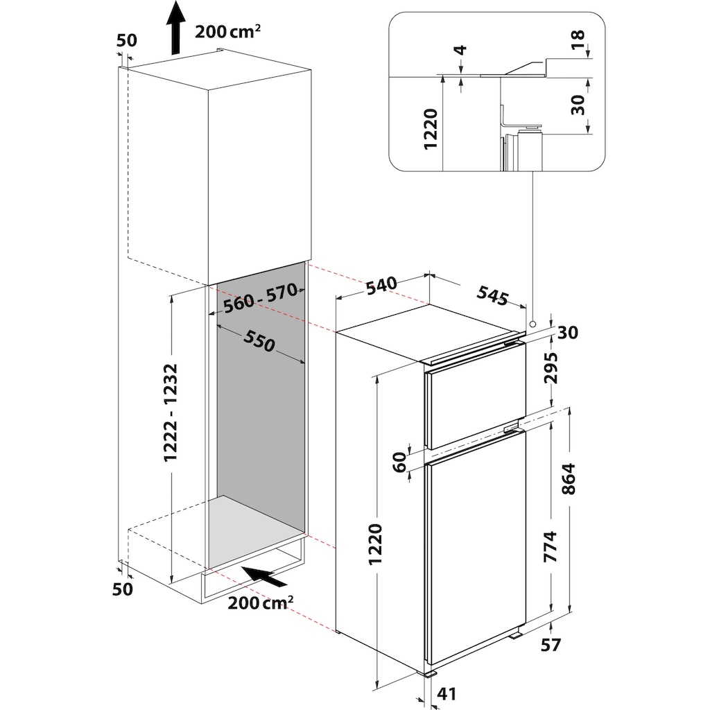 BAUKNECHT Einbaukühlgefrierkombination »KDI 12S1«, KDI 12S1, 122 cm hoch, 54 cm breit