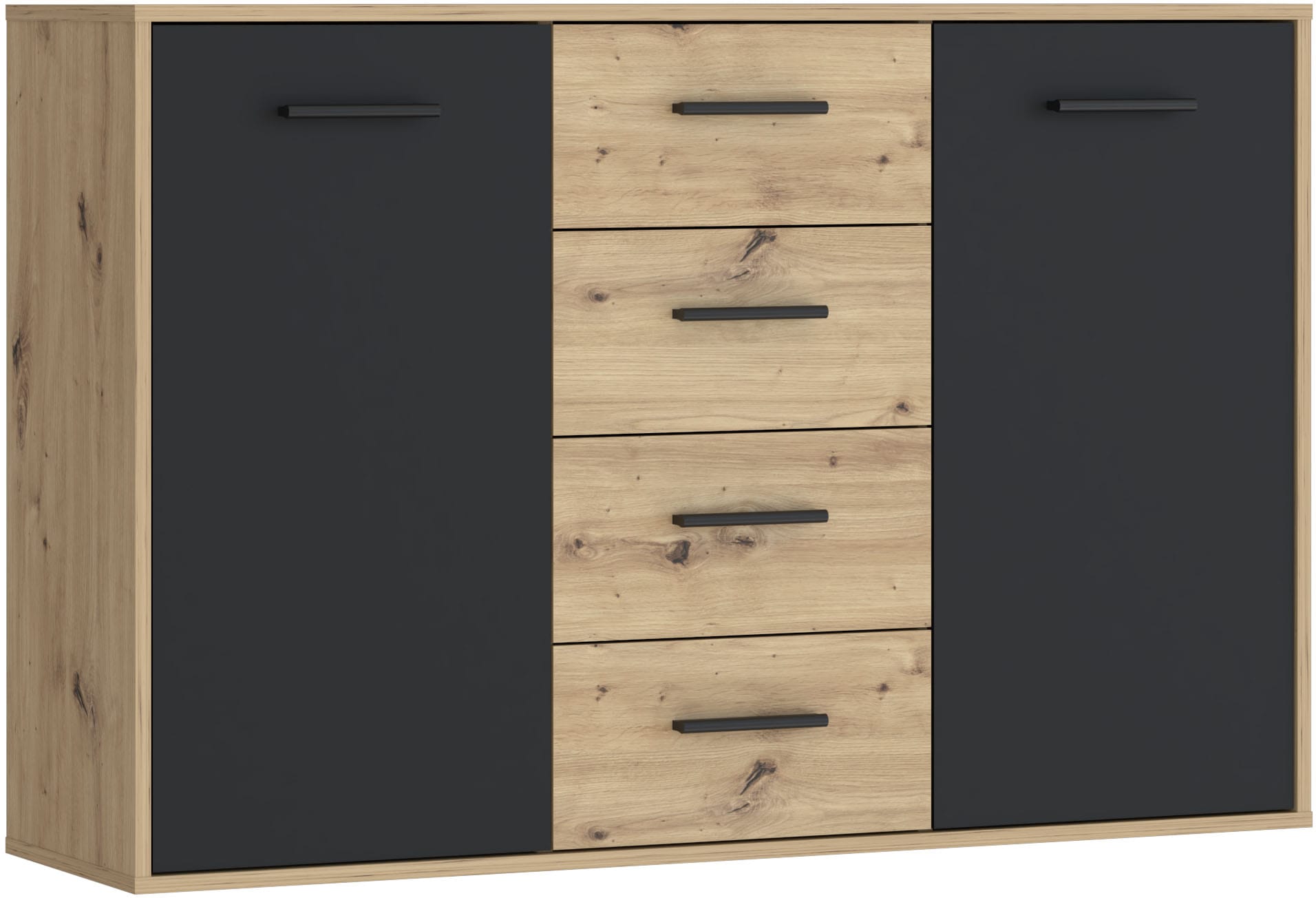 Buffet PILVI - Style contemporain - Particules mélaminées - Décor chêne et noir - 2 portes + 4 tiroirs - L 122,6 x P 34,2 x H 81,7 cm