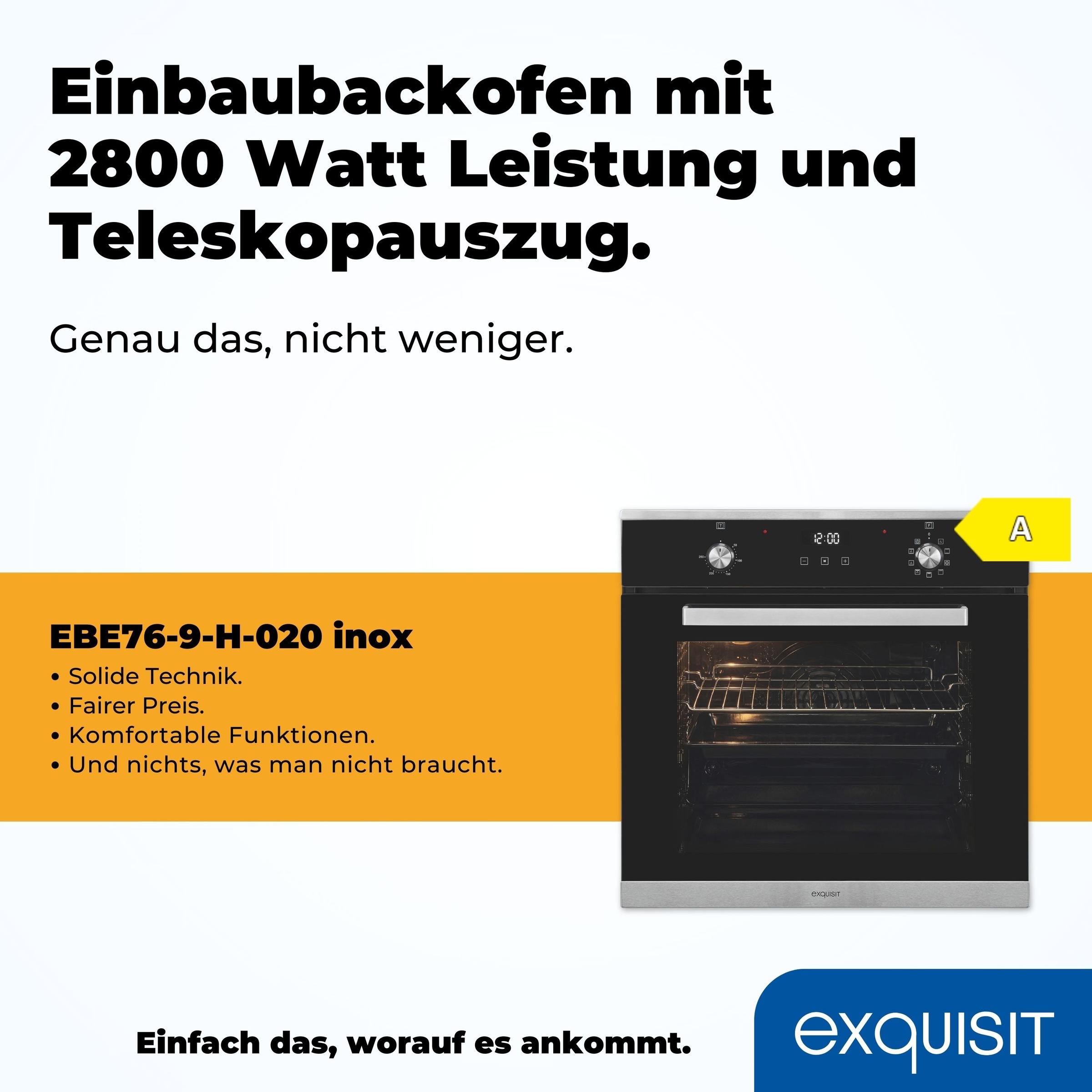 exquisit Backofen »EBE76-9-H-020 inox« mit 1-fach-Teleskopauszug Heißluft&Pizzastufe - ideal für ein Pizzabacken zuhause!Timer-Funktion