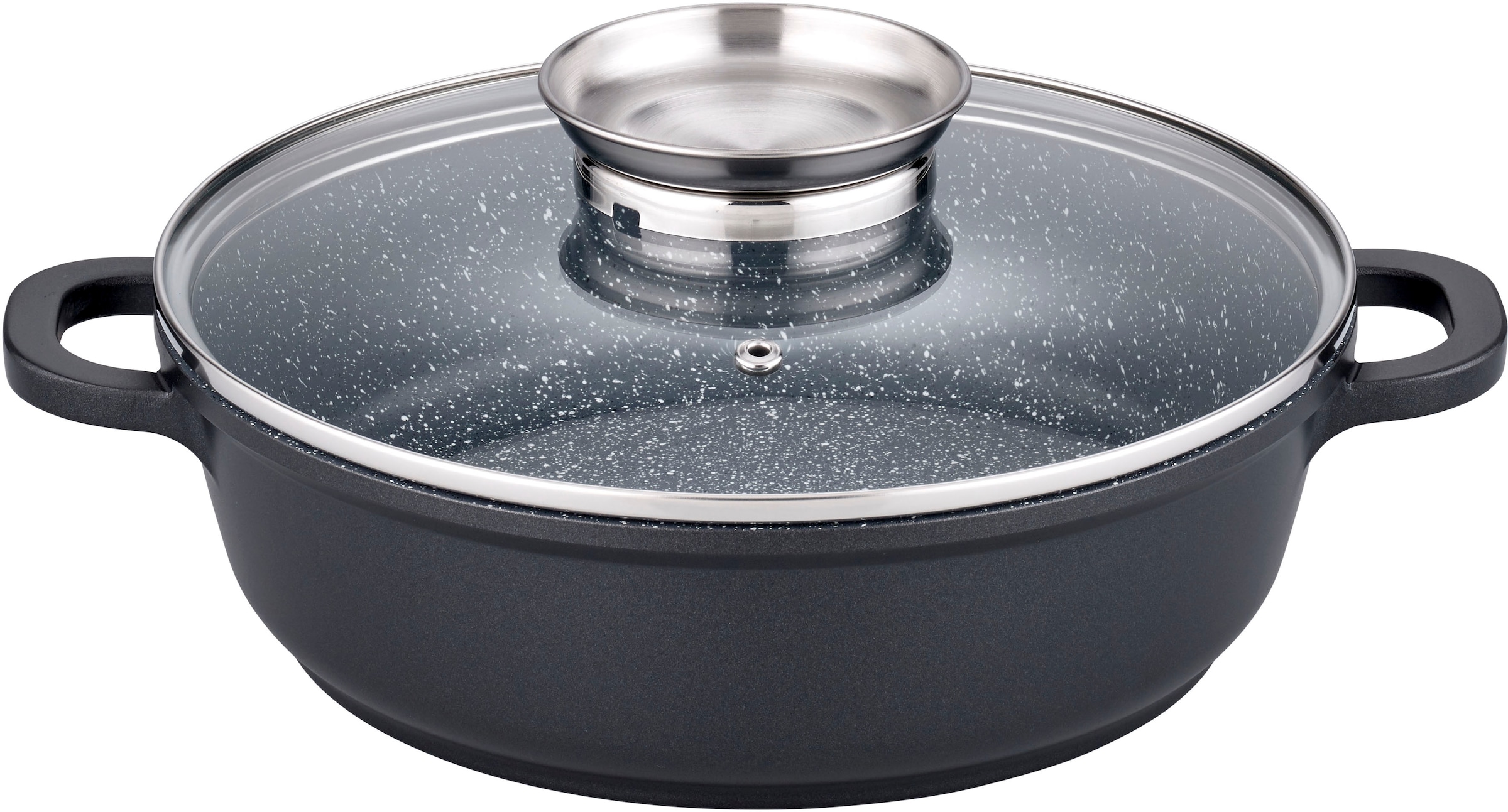 GSW Pfannen-Set »Gourmet Granit«, Aluminiumguss, (Set, 5 tlg., 1x Servierpfanne mit Glasdeckel 24cm, 28cm, Servierzange), Aluminium-Guss, VITAFLON® GRANIT Antihaft-Versiegelung, Induktion