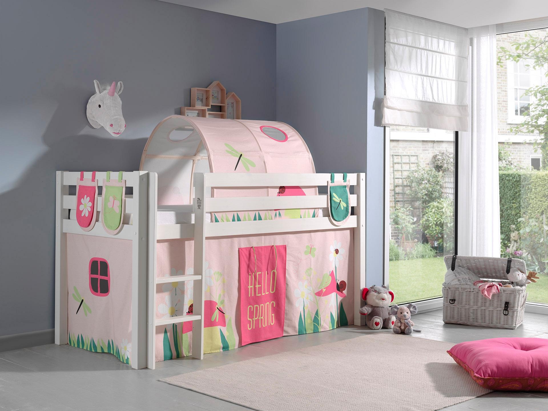 Vipack Hochbett »Pino«, (Made in Europe), Massivholz, Textil Set "Spring", wahlweise mit Rutsche und Betttunnel