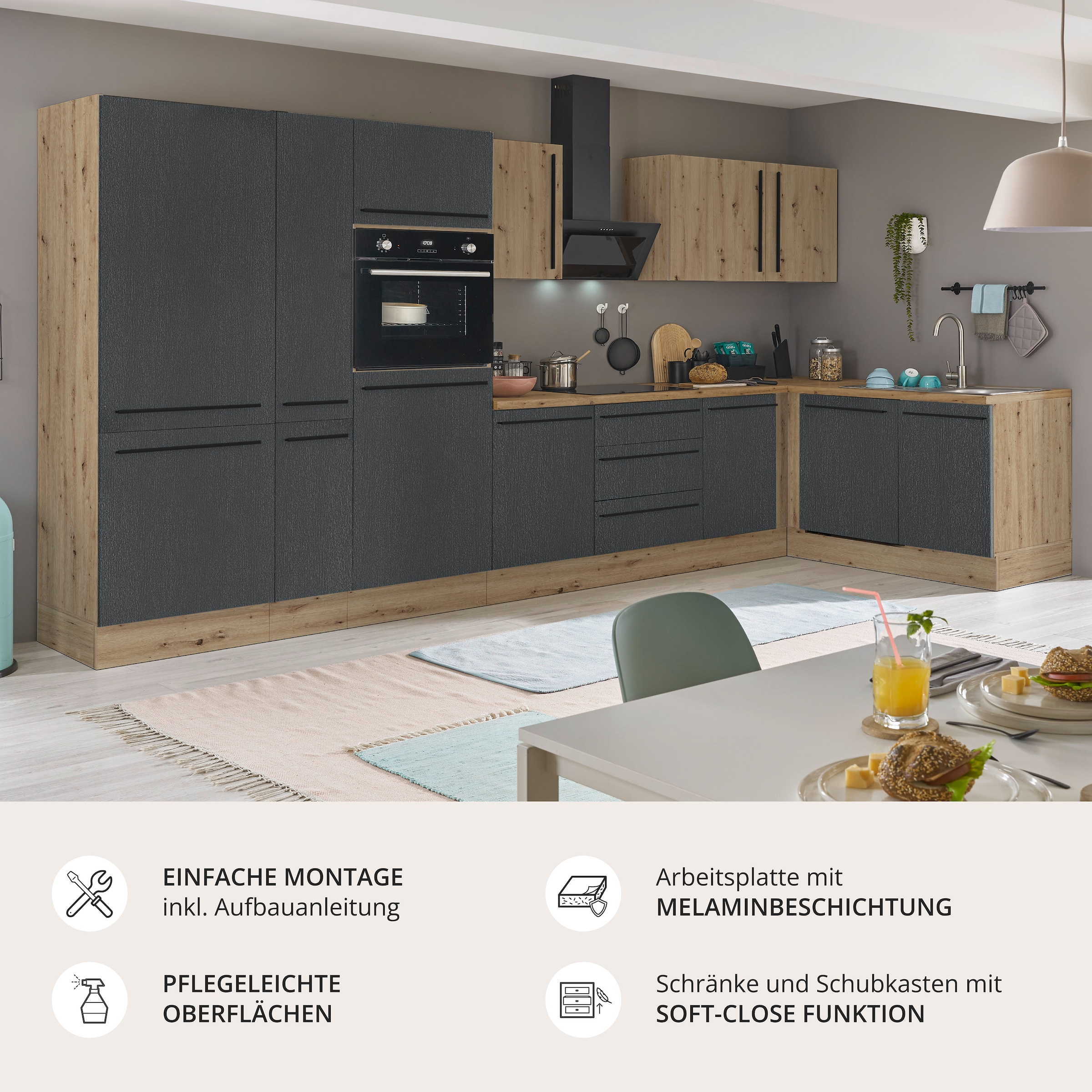 KOCHSTATION Winkelküche »Florida, Stellbreite 370x175 cm« wahlweise mit E-Geräten, mit Softclose für Türen und Schubkästen