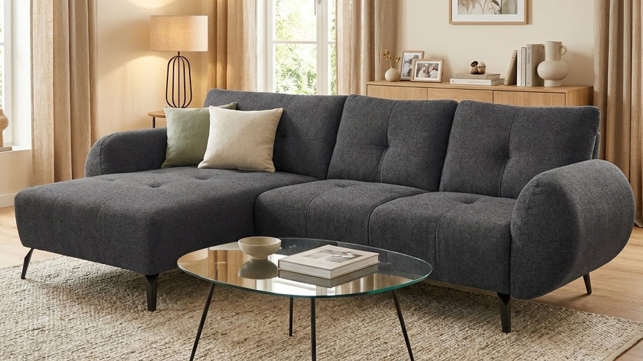 OTTO home Ecksofa »Viborg 261 x 140 cm, mit Steppungen, elegant, modern« L-Form, pflegeleichter Bezug, hohe Füße - passend für Saugroboter!