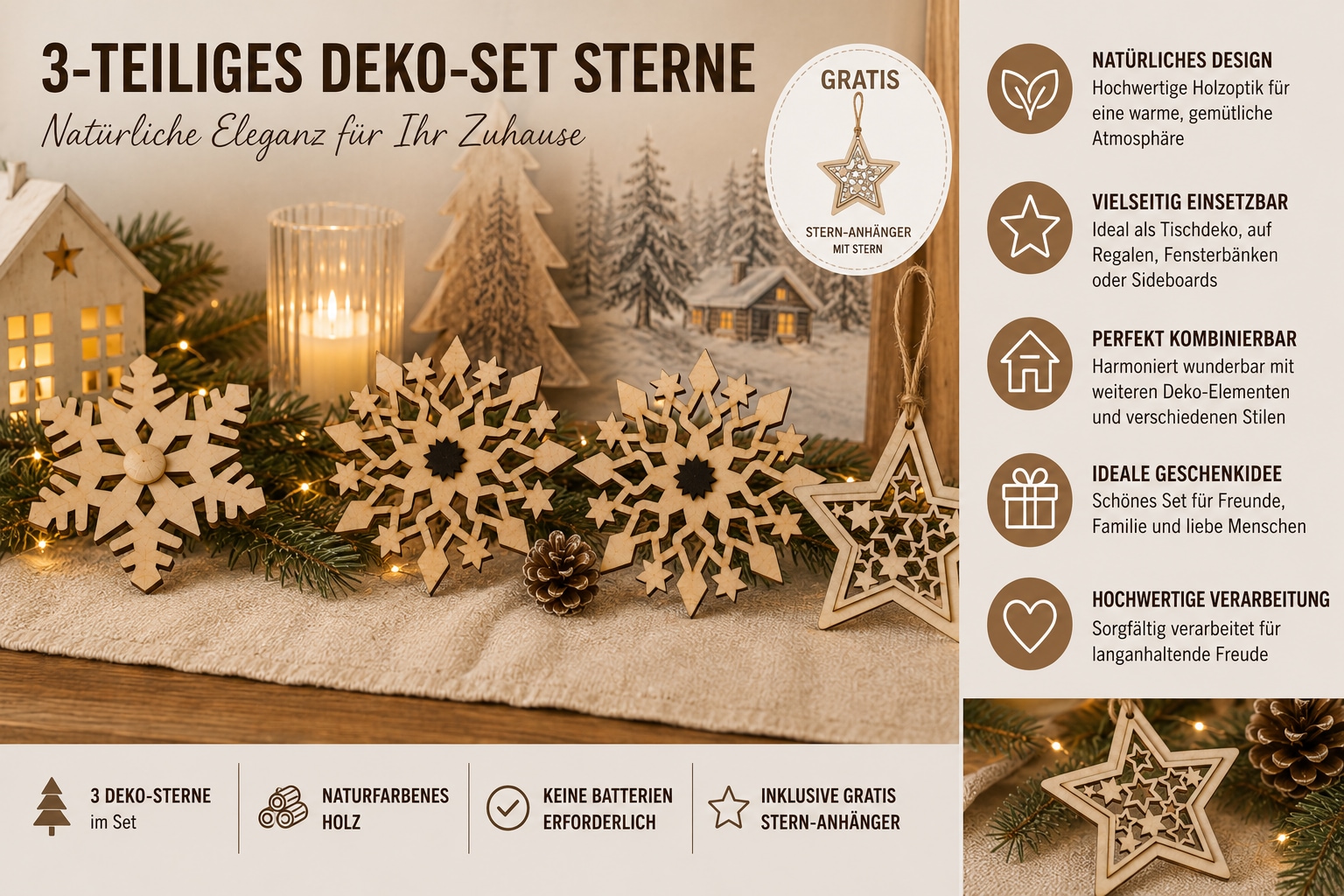OTTO home Dekoobjekt »Schneeflocken Holzdekoration, 3-teiliges Set Farbe Natur« Gratis-Hänger, Höhe 8 cm, weihnachtliches Schmücken