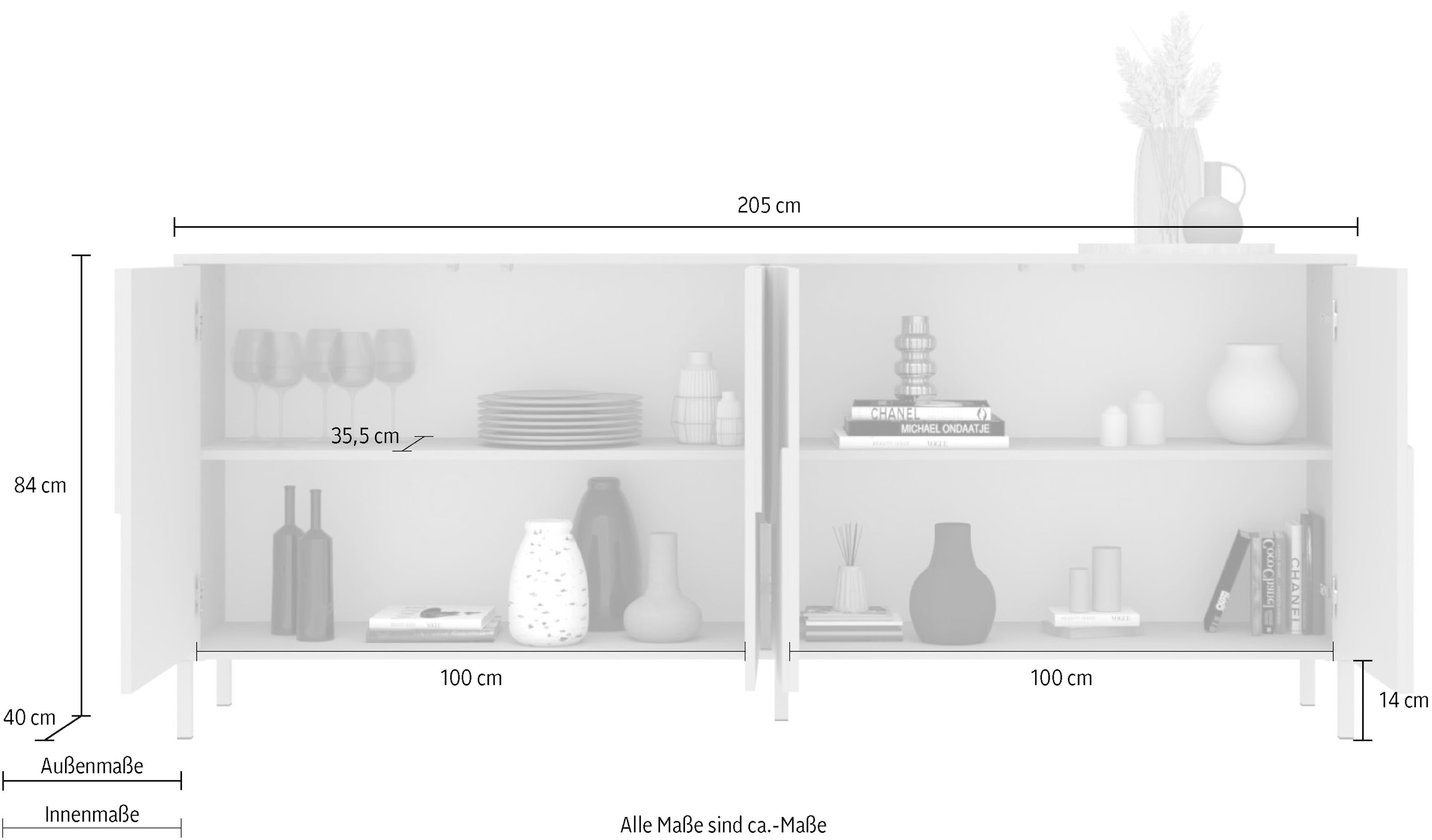 INOSIGN Sideboard »Stone, 205 cm breit, 4  Türen,  Anrichte, Kommode, Stauraumschrank« 3D-Design, Push-to-open, Innenraum großzügig, Füße 14/2 cm wählbar