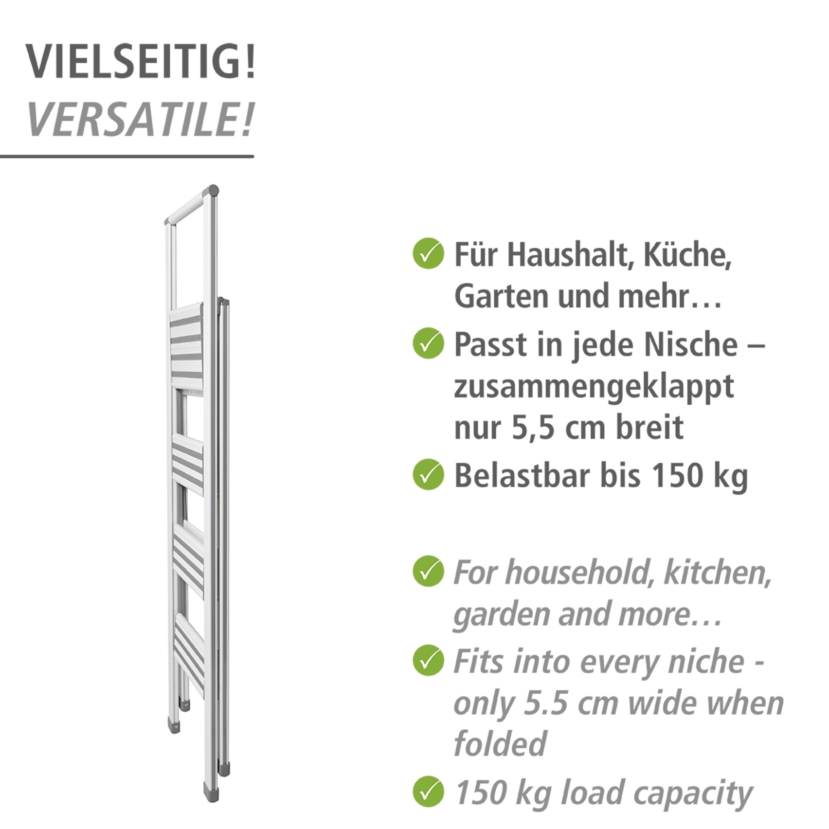 WENKO Trittleiter »Modell Alu-Design«, Klapptritt Leiter, rutschsichere XXL-Stufen, klappbar, bis 150 kg