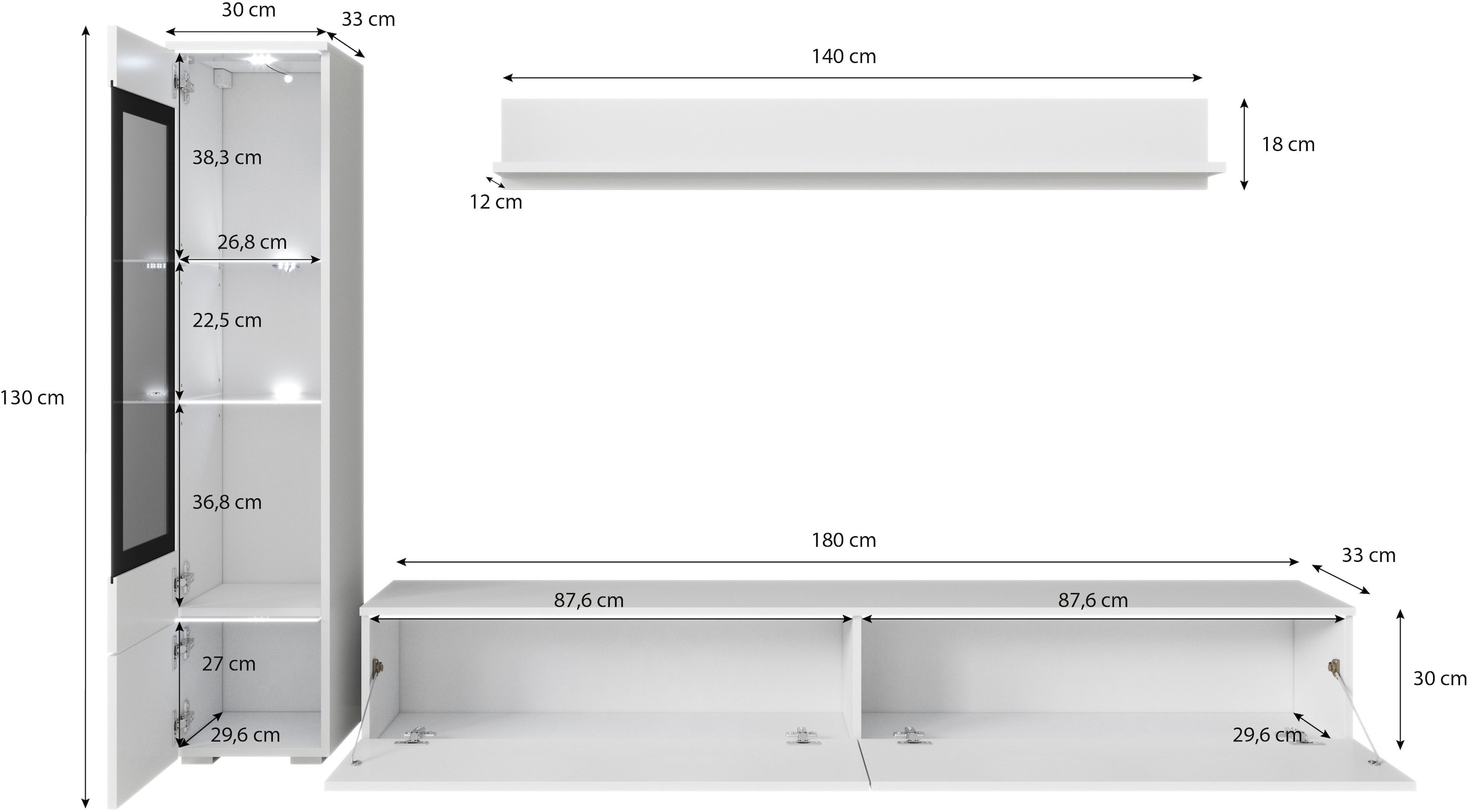 INOSIGN Wohnwand »VERA I, Vitrinen Türanschlag links/rechts wechselbar«, (Komplett-Set, 3 St.), Vitrine mit Verglasung, stehend und hängend, Türanschlag wechselbar