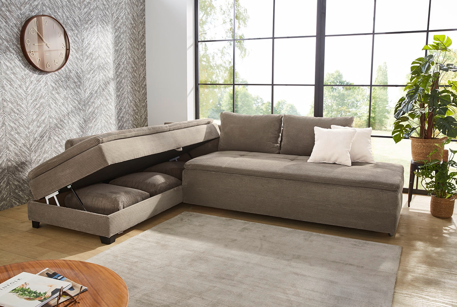 Jockenhöfer Gruppe Ecksofa »Madrid L-Form, drehbares Dauerschlafsofa, Federkern« integrierter Kaltschaum-Topper, Regalelement, links/rechts montierbar