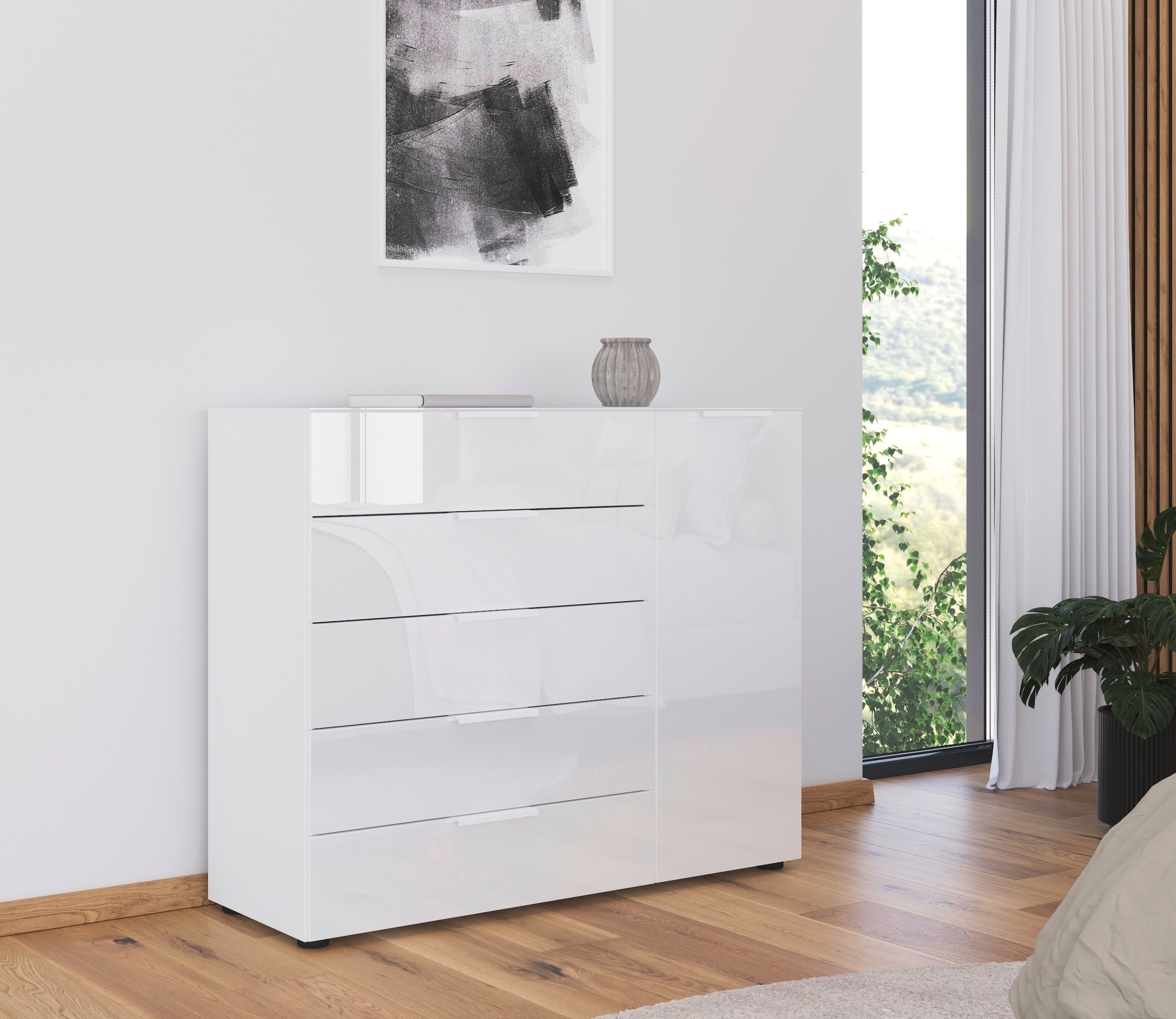 rauch Schubkastenkommode »Kommode Türkommode Sideboard Kombikommode FLIPP mit Glasfront«, (Breite 120 cm mit 2 Einlegeböden), 1-türig, 5 Schubladen, Soft-Close-Funktion, Oberboden und Front Glas