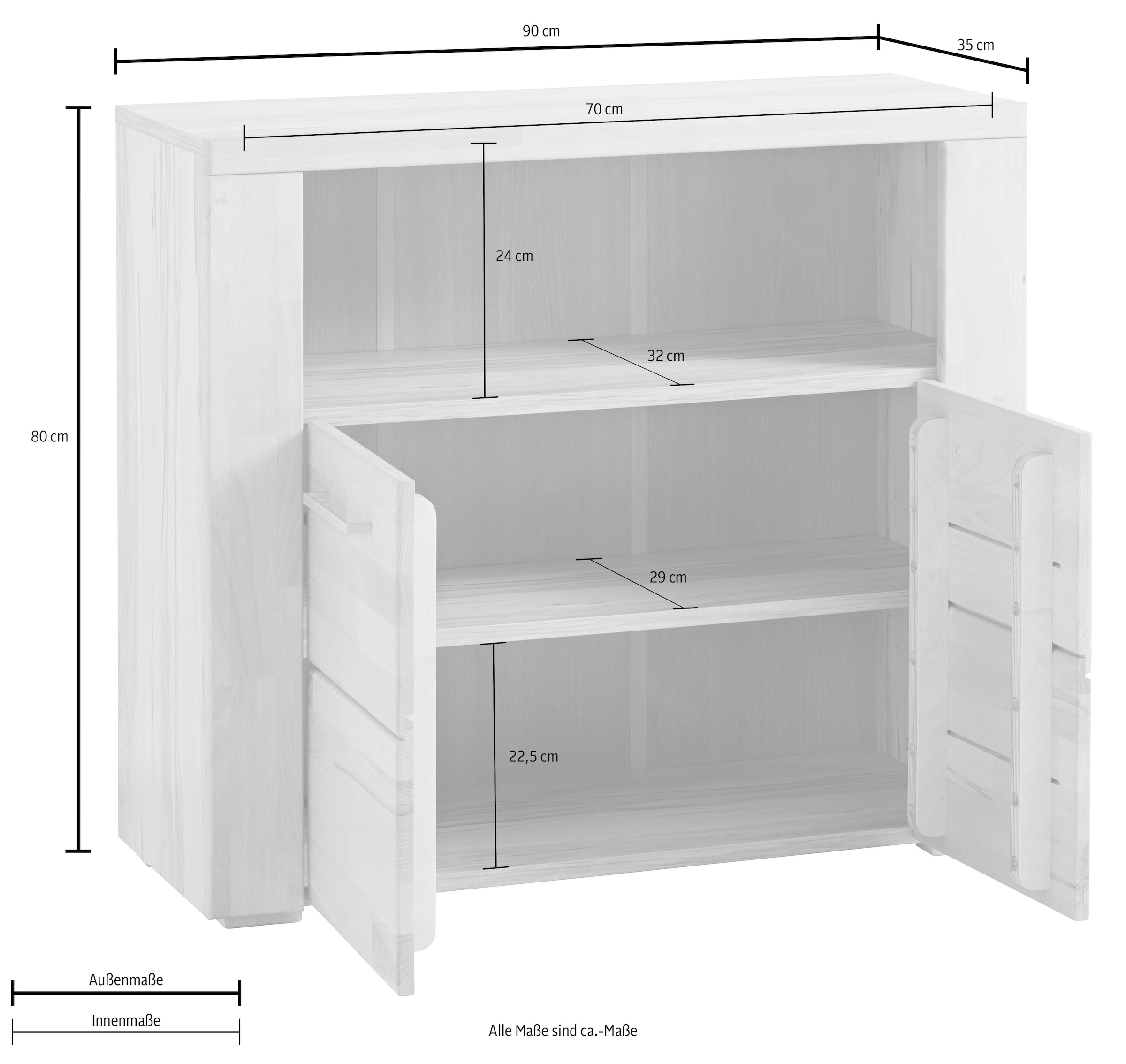 Home affaire Kommode »Celle,90cm breit,35 cm tief, Fronten Massivholz«, Holz massiv, Holzwerkstoff, Metall Griffe,3 breite Fächer