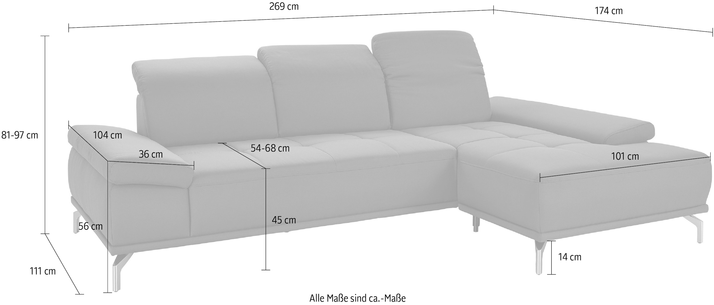 OTTO home Ecksofa »Caluna, L-Form, B:280cm, Federkern, in Stoff und Leder« Inkl.Sitztiefenverstellung, wahlweise mit Kopf- und Armteilverstellung