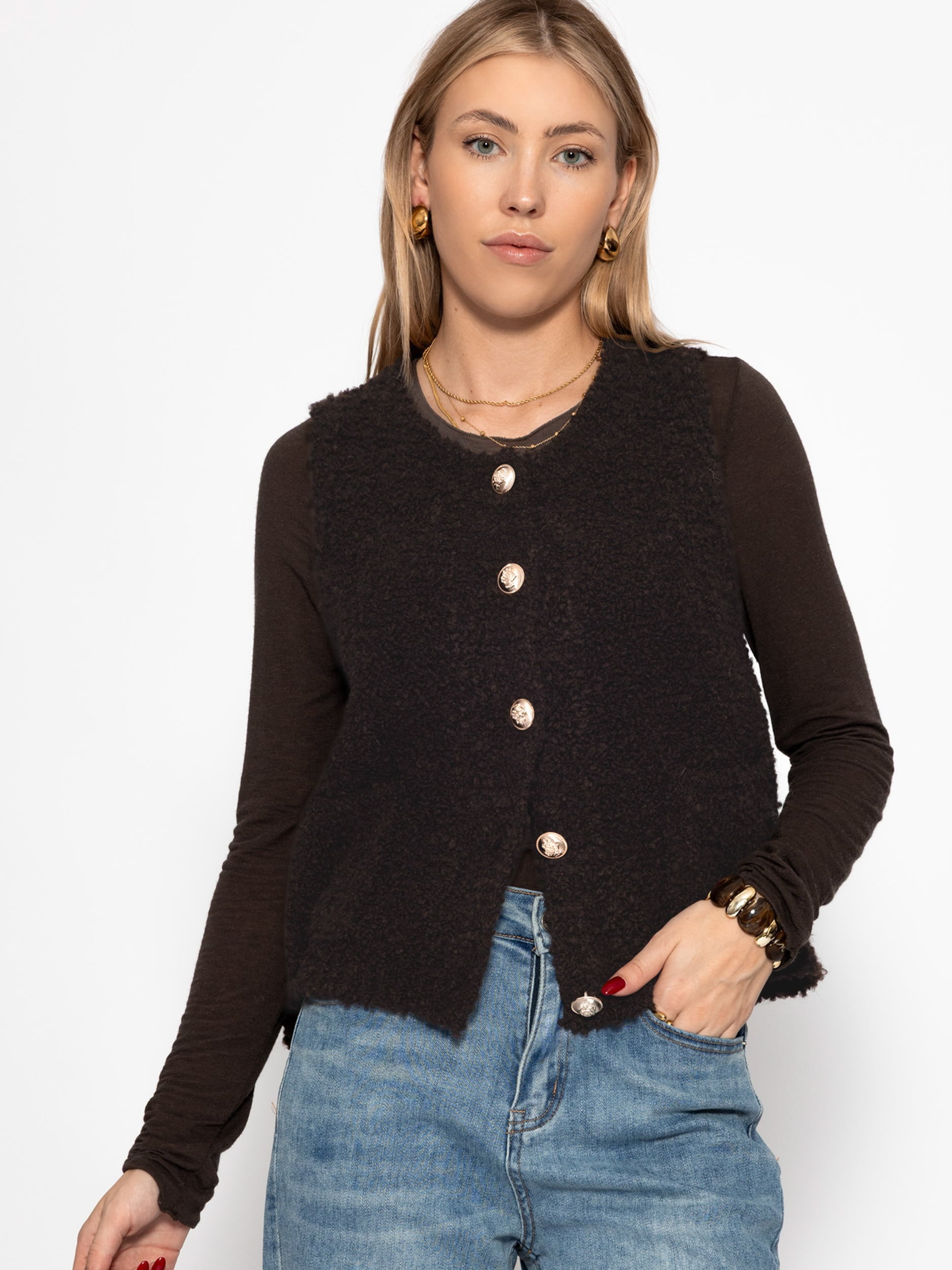 SASSYCLASSY Shirtweste »Bouclé-Weste mit Taschen« Weiche Weste mit goldfarbenen Knöpfen Greige Rosa Schwarz Braun
