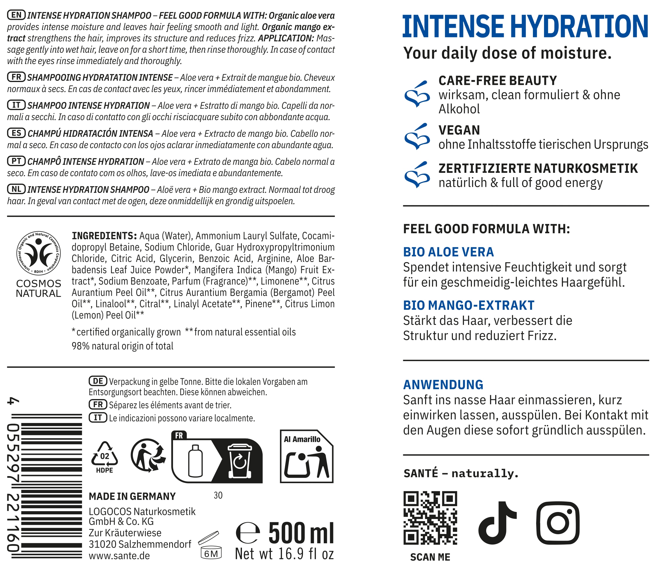 SANTE Haarshampoo »Intense Hydration Shampoo Aloe Vera + Mango-Extrakt« für normales bis trockenes Haar, mit Aloe Vera und Mango-Extrakt