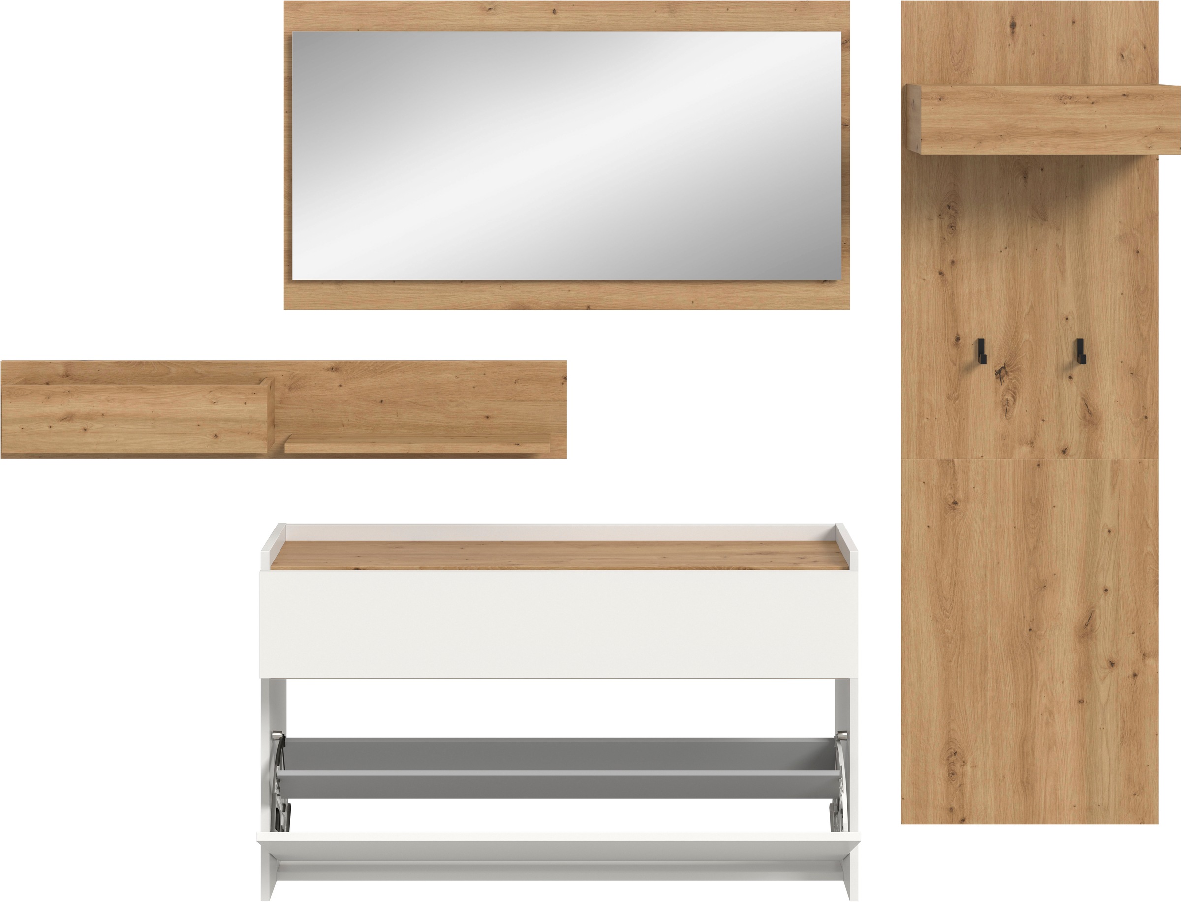 INOSIGN Garderoben-Set »EVRID, 4-teilig, Breite 205 cm, individuell hängbar & erweiterbar« best. aus.: Wandboard, Kommode, Spiegel, Garderobenpaneel, 4 Stk. tlg.