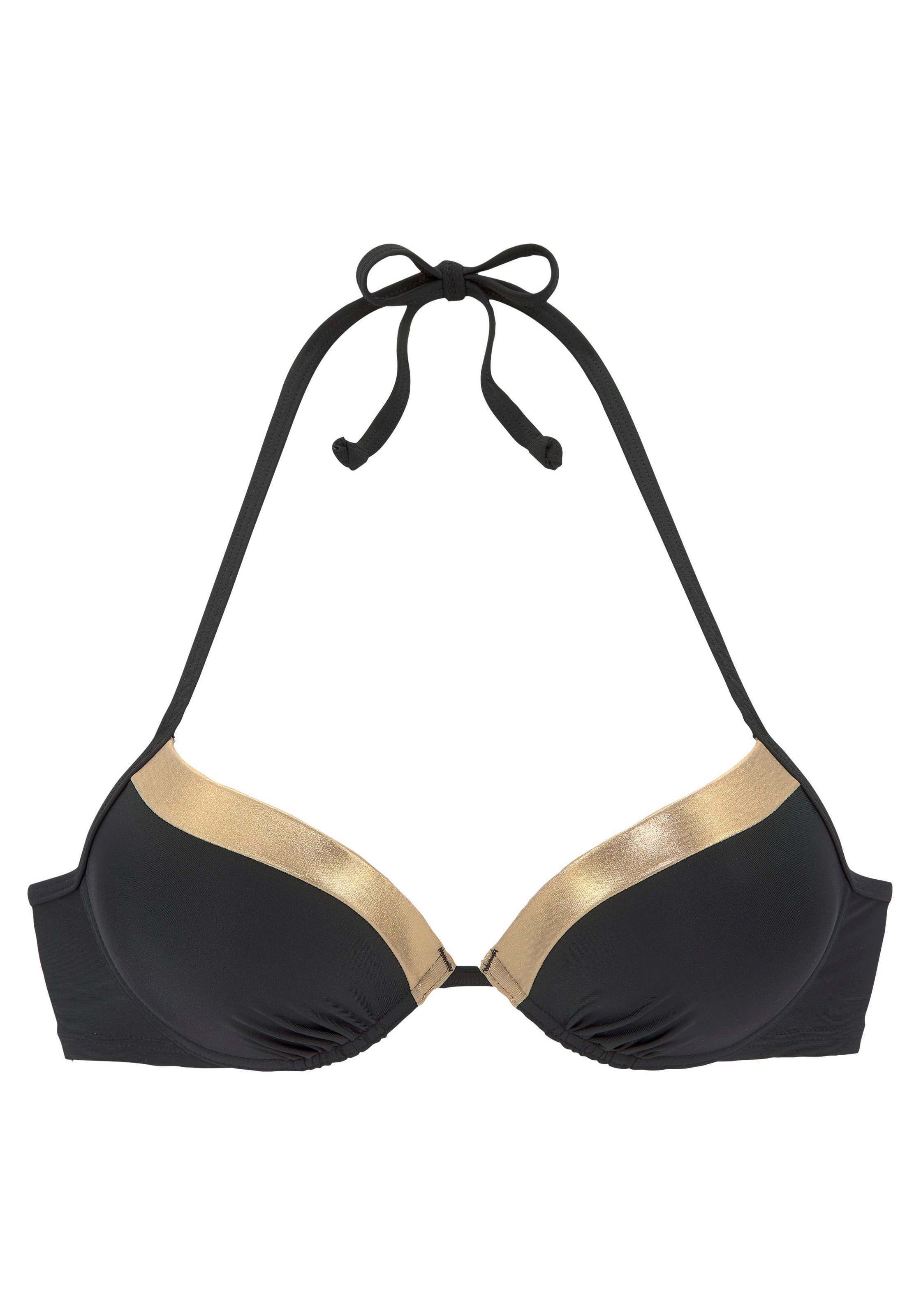 LASCANA, Damen, Push-Up-Bikini-Top »Elodie« mit trendigem Materialeinsatz, schwarz-goldfarben, Cup A, 34 - Cup A, schwarz-goldfarben, Unifarbe mit 