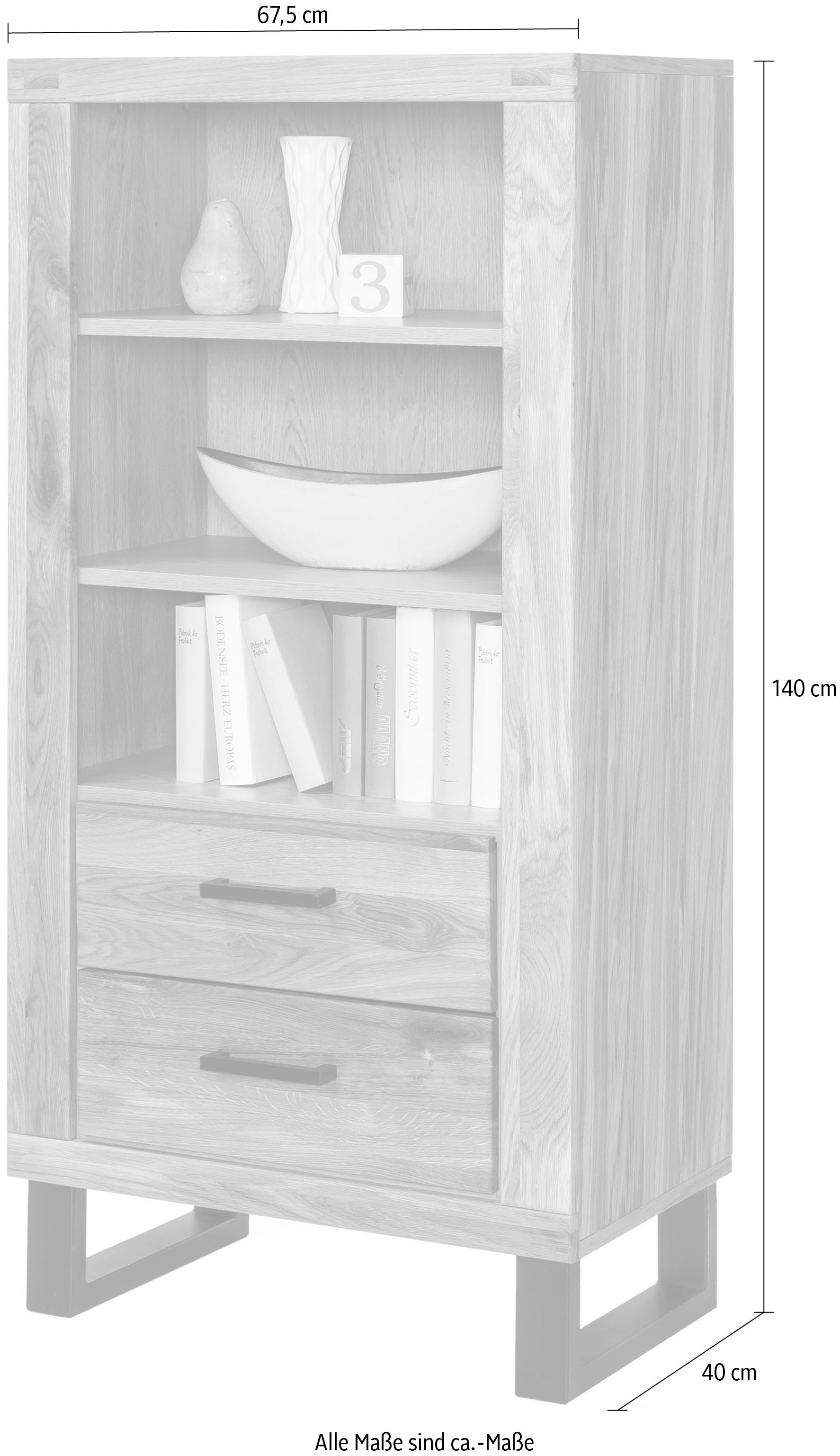 Home affaire Vitrine Metallfüße im Industrie-Design, Eiche Teilmassiv, viel Stauraum