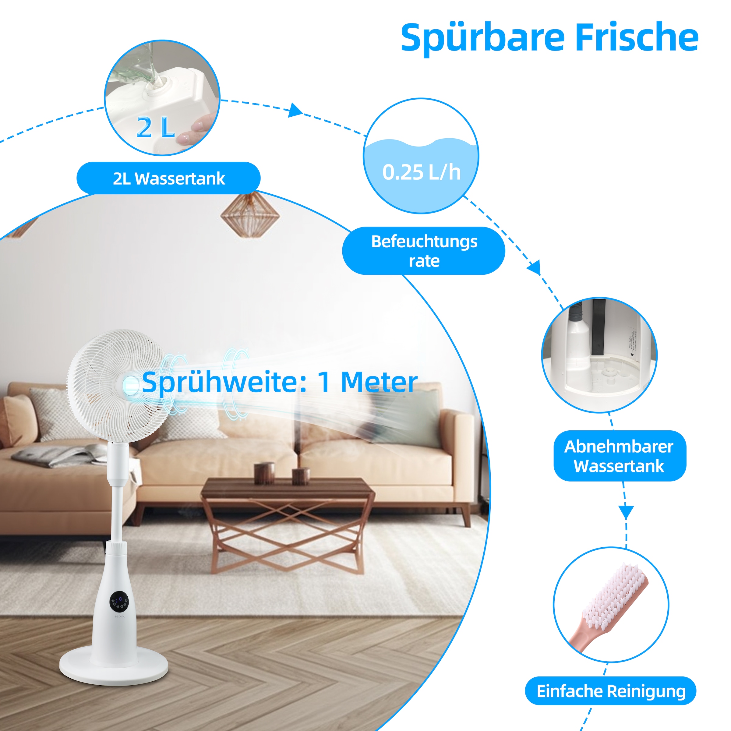 be cool Standventilator »Premium Sprühnebel-Standventilator mit 2 Liter Wassertank«, Sprühnebel-Funktion, Ambientebeleuchtung, Fernbedienung
