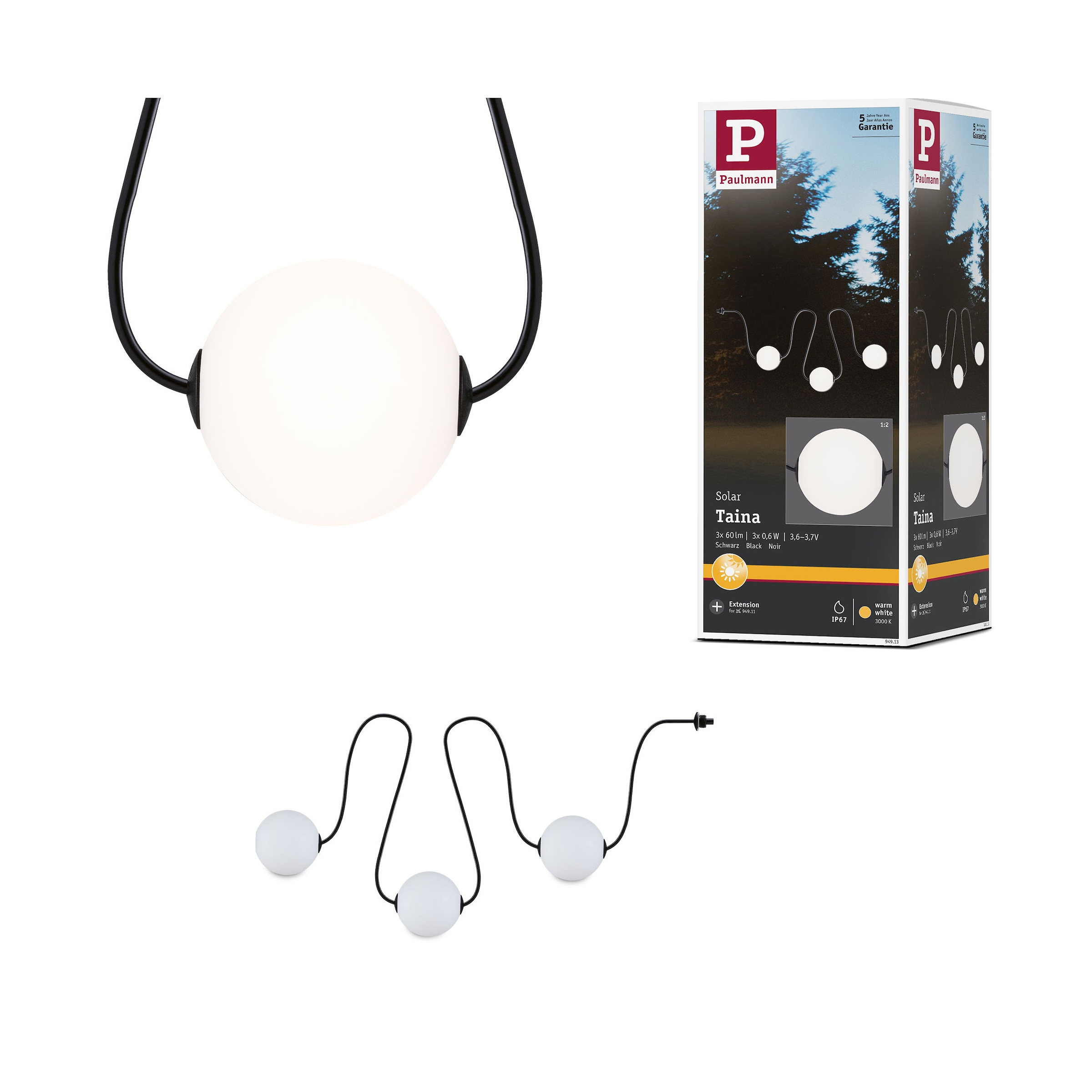 Paulmann LED-Lichterkette »Naima IP67 3000K 1,71m 3x60lm Schwarz« 3 Stk.-flammig spritzwassergeschützt