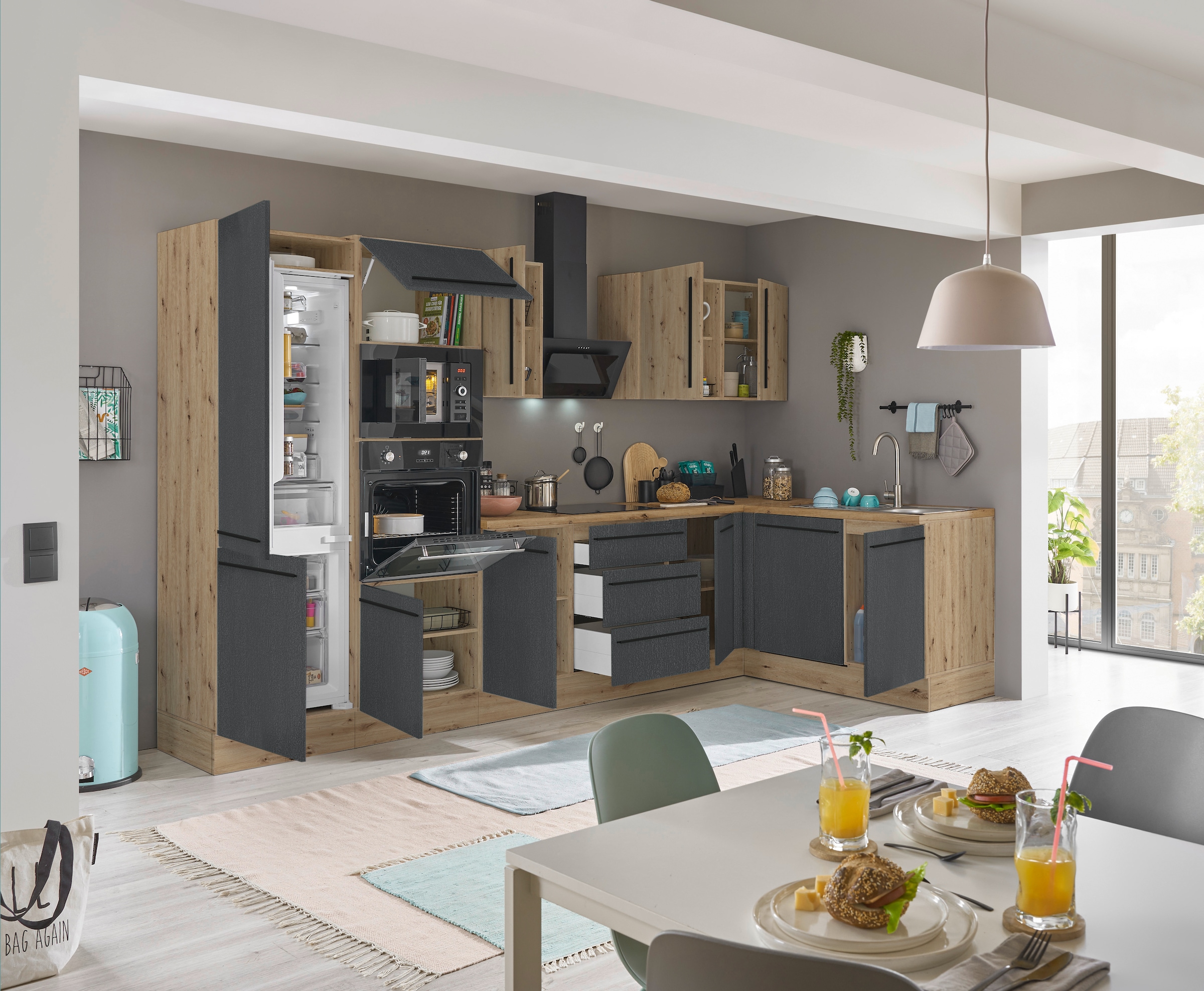 KOCHSTATION Winkelküche »Florida, Stellbreite 340x175 cm« wahlweise mit E-Geräten, mit Softclose für Türen und Schubkästen