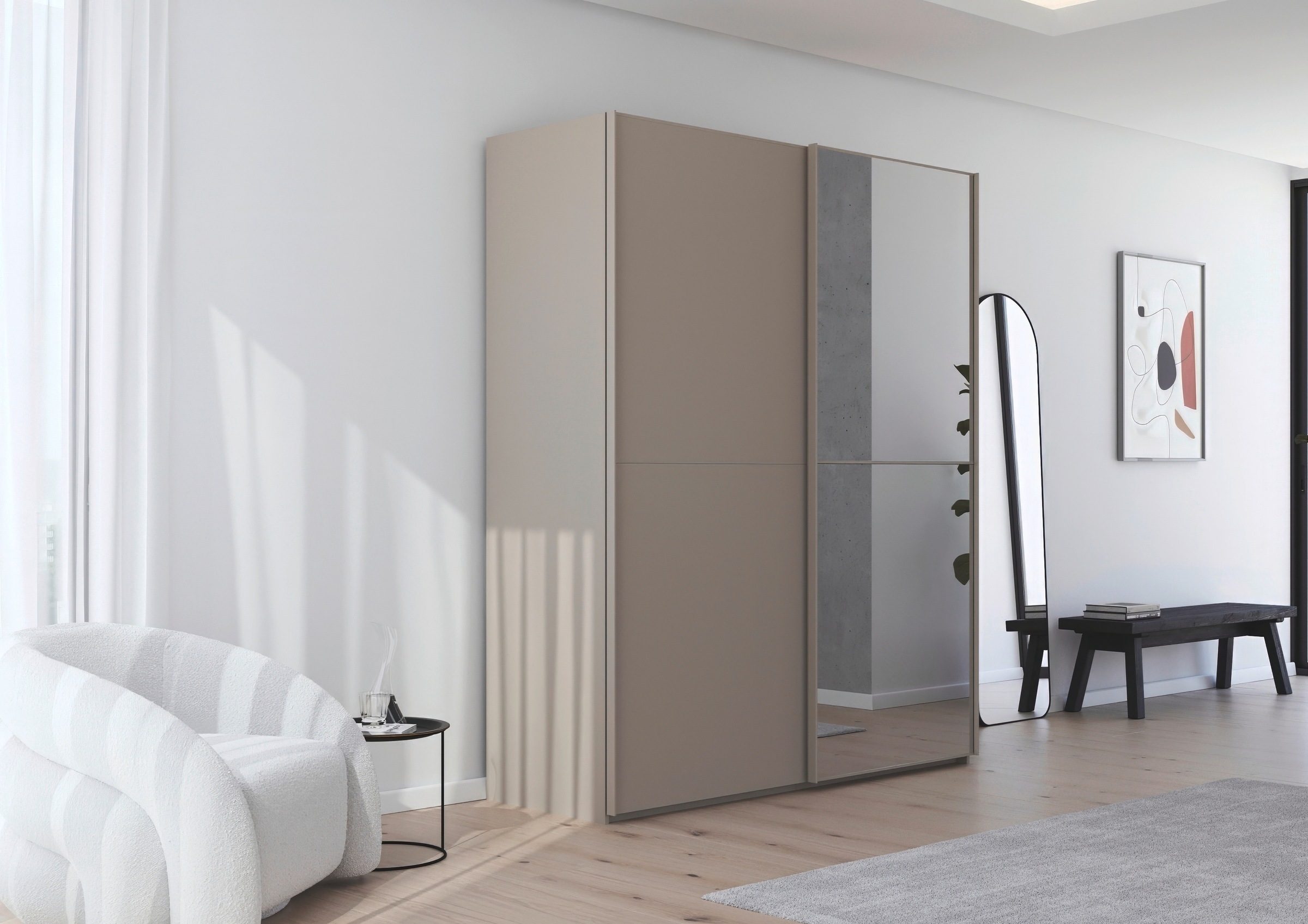 rauch Schwebetürenschrank »Kleiderschrank Schrank Garderobe Schlafzimmerschrank SCALE-DUO« edle zweigeteilte Türen, Spiegel und 3 Zierleisten MADE IN GERMANY