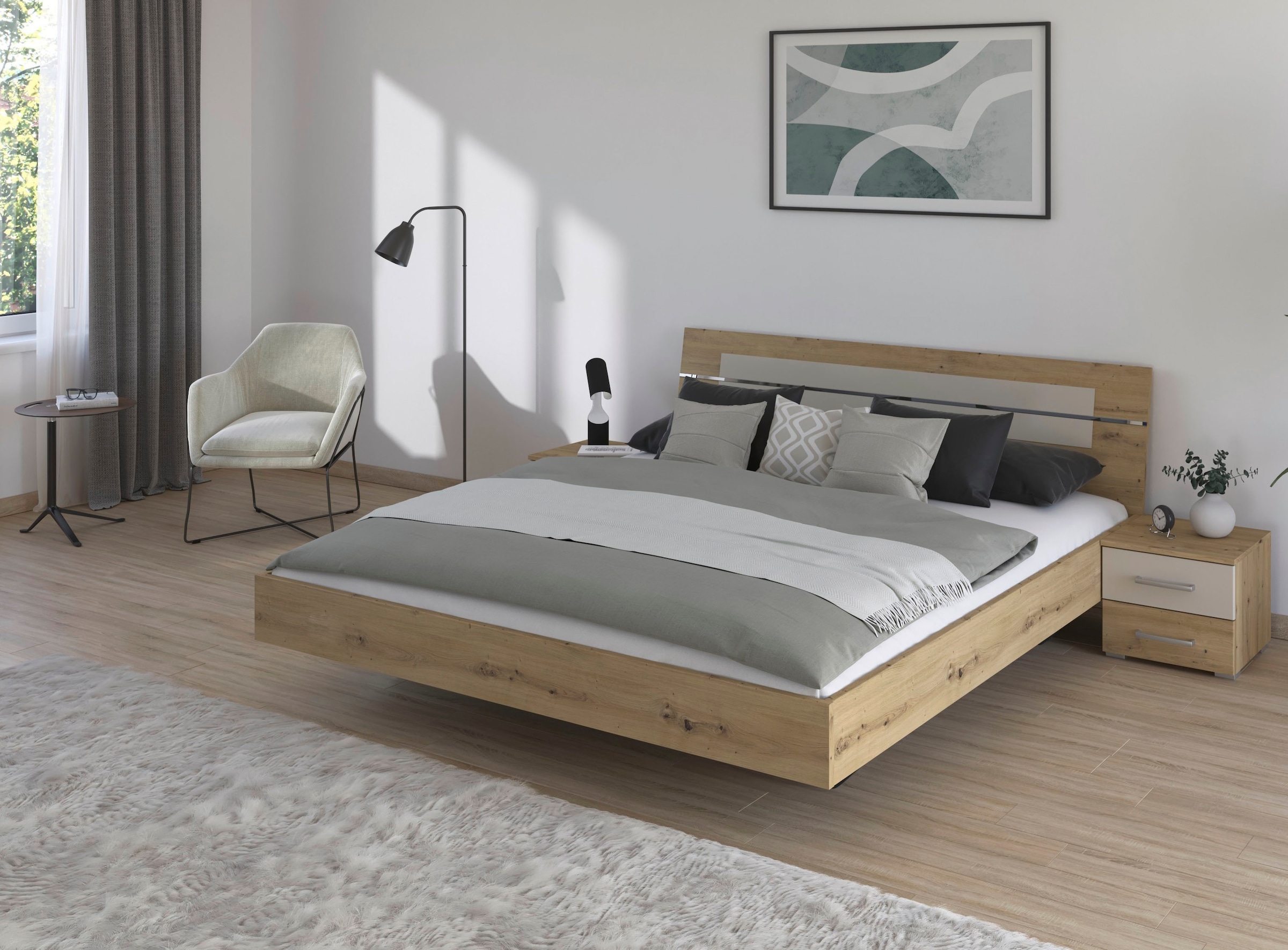 rauch Bettanlage »Doppelbett Futonbett BURANO in schwebender Optik«, (Set, 3 tlg.), und abgesetztem Kopfteil mit 2 Nachttischen MADE IN GERMANY