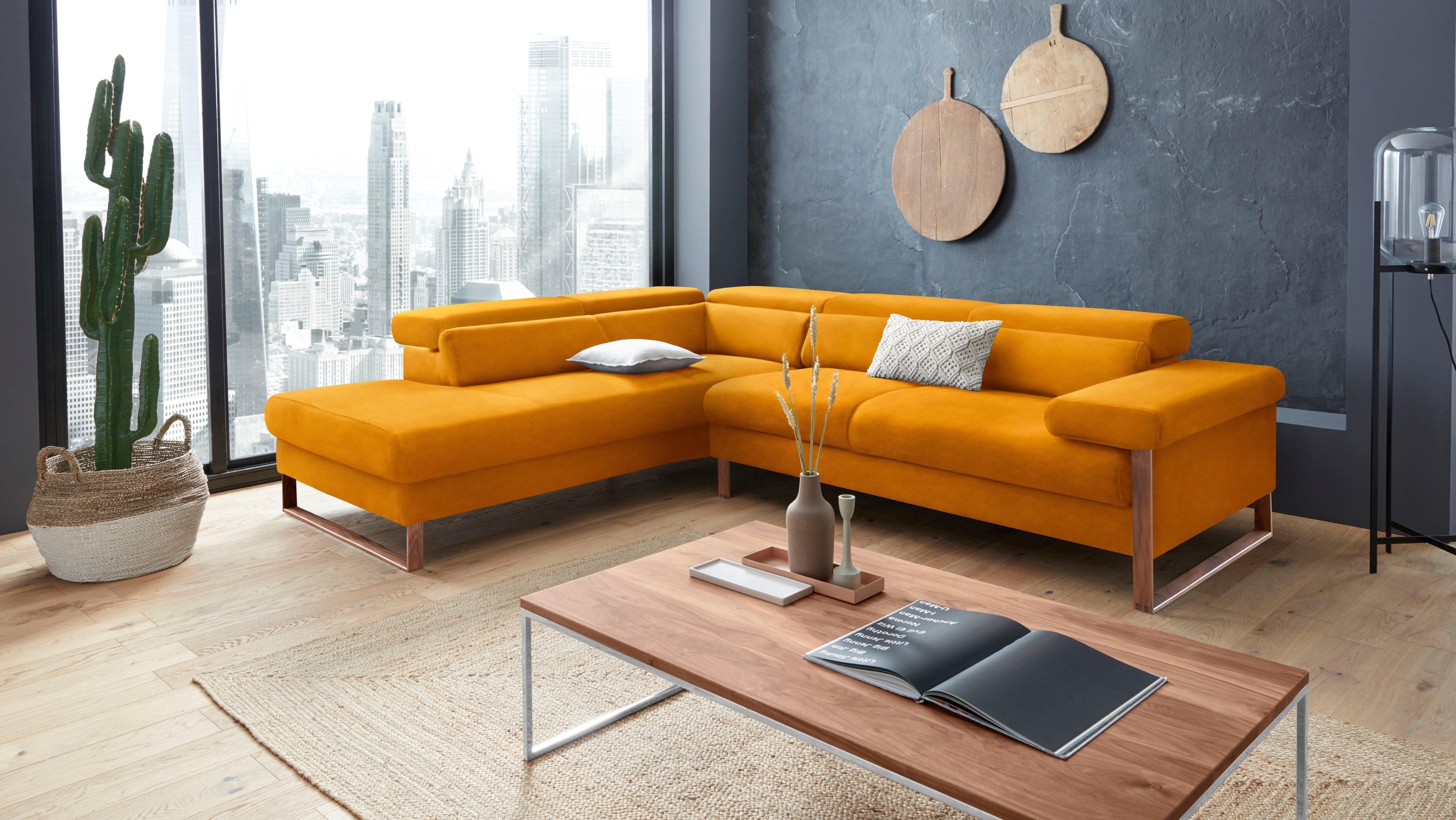 W.SCHILLIG Ecksofa »finn, Designsofa mit tollem Sitzkomfort, bequem, L-Form«, German Design Award 2016, Fußgestell Nussbaum natur, Breite 281 cm