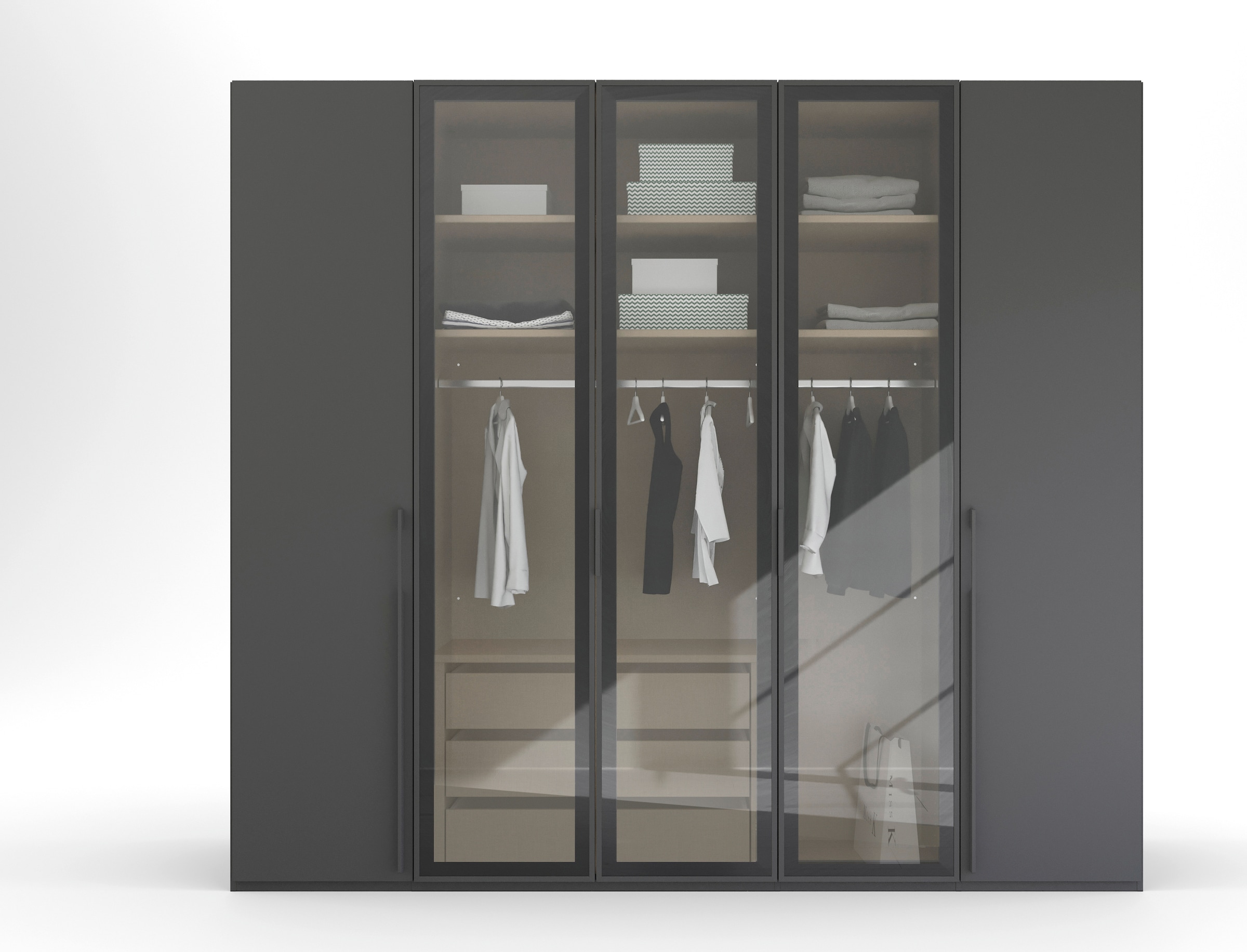 rauch Drehtürenschrank »Kleiderschrank Schrank Garderobe SKAT SHINE mit hochwertigem,«, transparentem Grauglas inkl. umfangreichem Zubehör MADE IN GERMANY