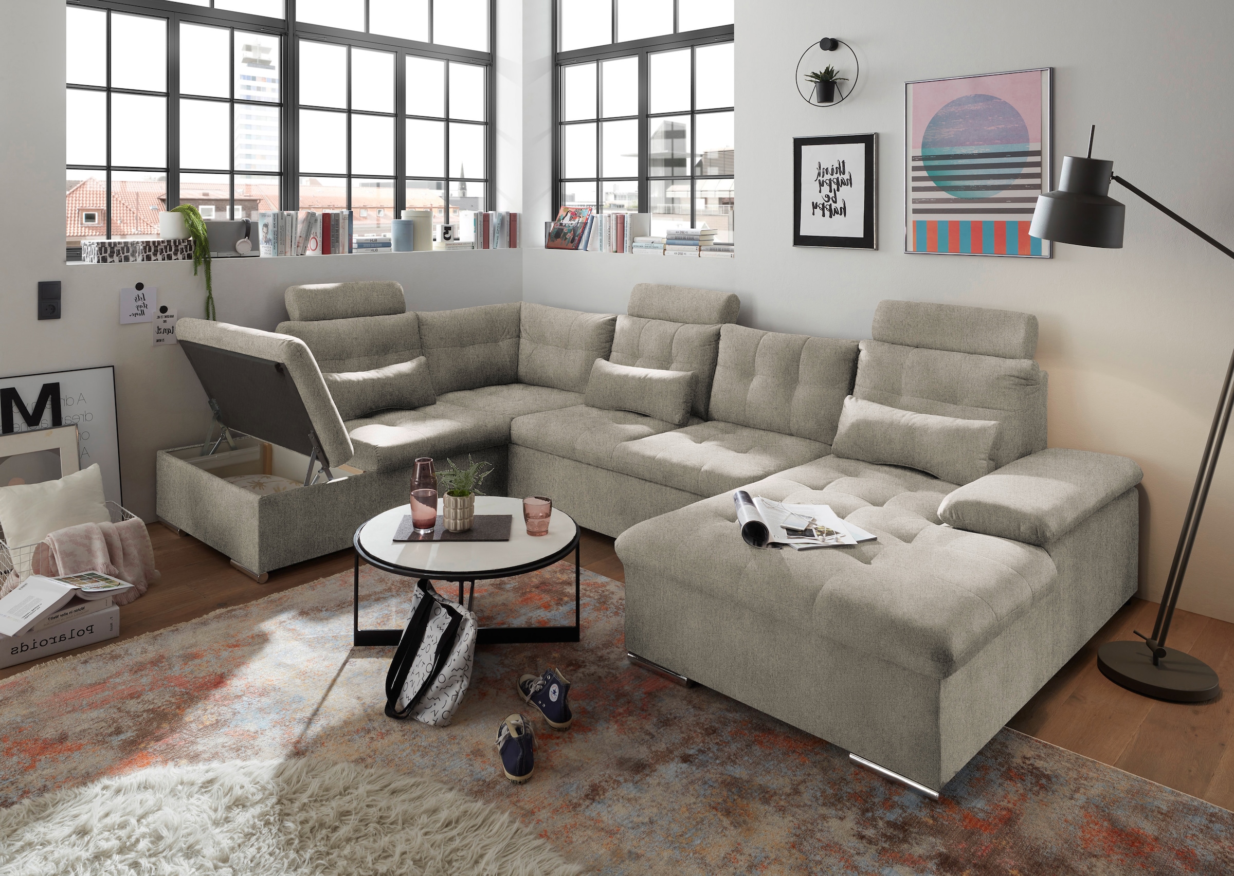 ED EXCITING DESIGN Wohnlandschaft Jakarta, mit Bettfunktion, Bettkasten, Kopfstützen, Nierenkissen