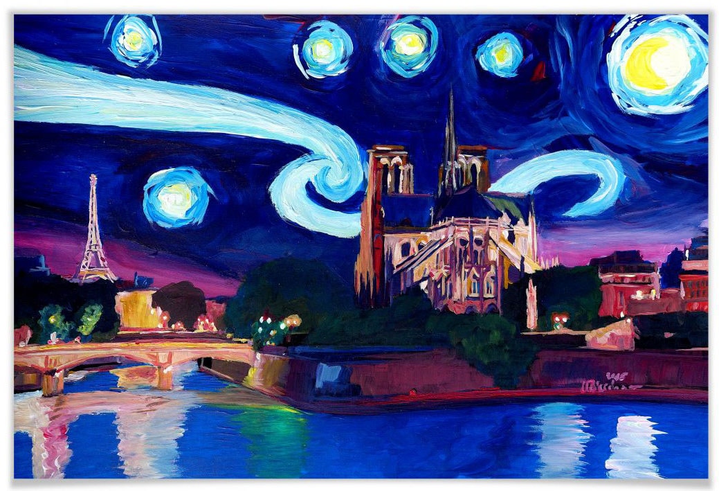 Wall-Art Poster »Van Gogh Stil Stadt Paris bei Nacht«, Stadt, (1 St.),  Poster, Wandbild, Bild, Wandposter auf Rechnung bestellen