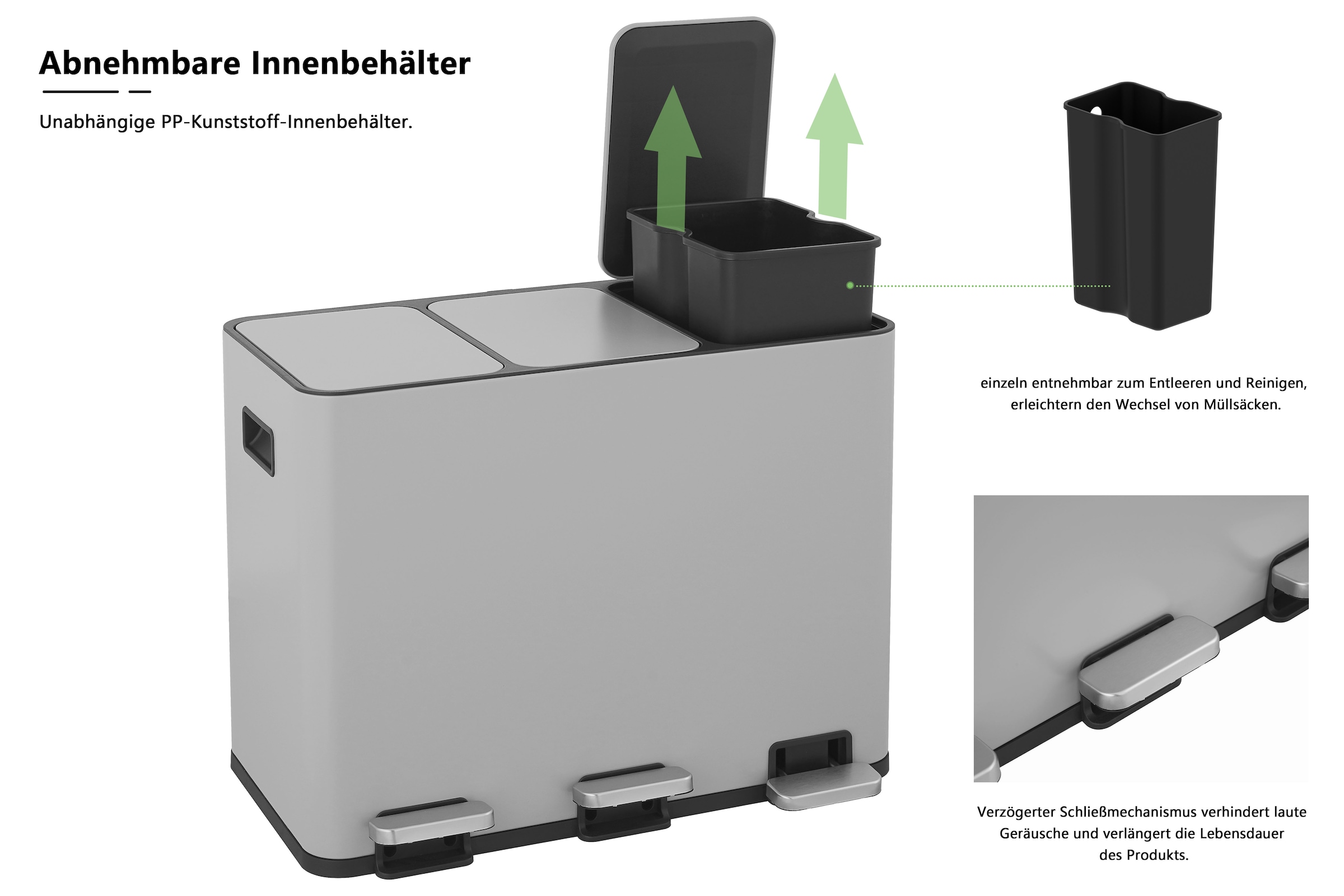 OTTO home Mülleimer »Garrin, mit 3 Fächern, Fassungsvermögen jeweils 15 Liter« 3 Behälter Mülltrennsystem mit 3 separaten Innenbehältern und Fußtrittpedalen
