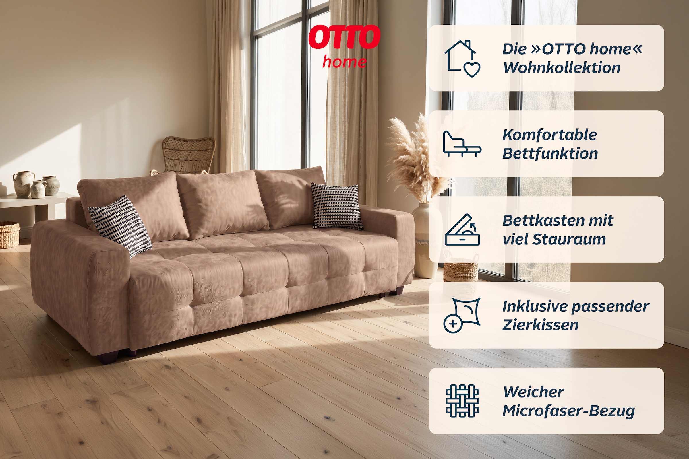 OTTO home Schlafsofa »Bella B: 241 cm, Liegefl. 142x194 cm mit Bettkasten & Zierkissen« Schlafcouch mit Gästebett, 2 Zierkissen inklusive, frei stellbar