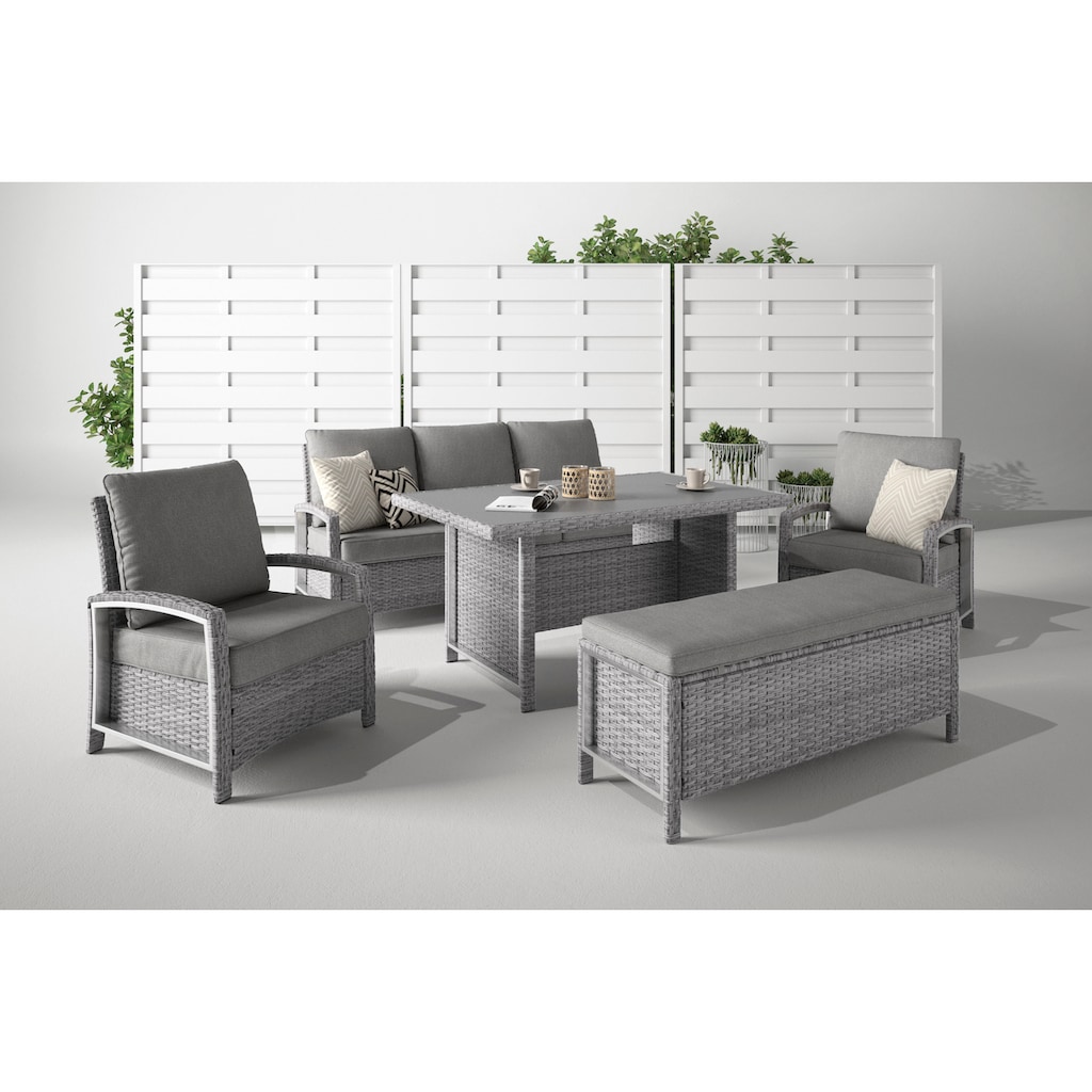 KONIFERA Gartenlounge-Set »Montgomery«, (Set, 5 tlg., 1x3erBank, 2x Sessel, 1x Sitzbank, 1x Tisch 145x85x70 cm)