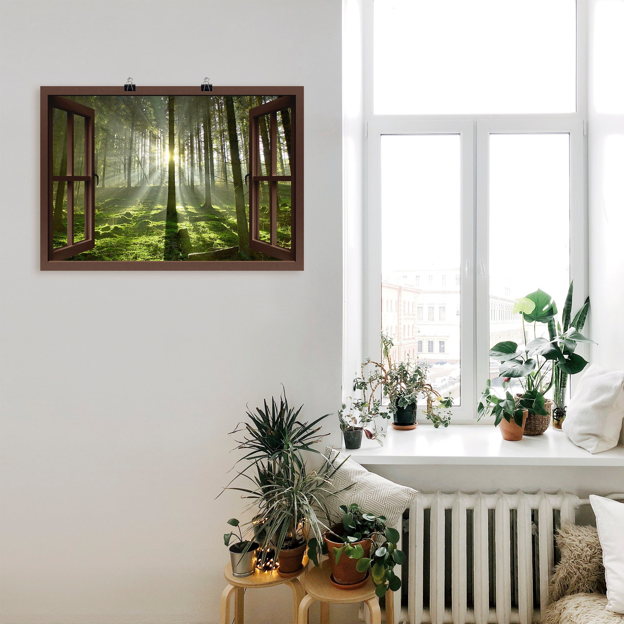 Artland Wandbild »Fensterblick - Wald im Gegenlicht«, Fensterblick, (1 St.),  als Leinwandbild, Wandaufkleber oder Poster in versch. Größen auf Rechnung  kaufen
