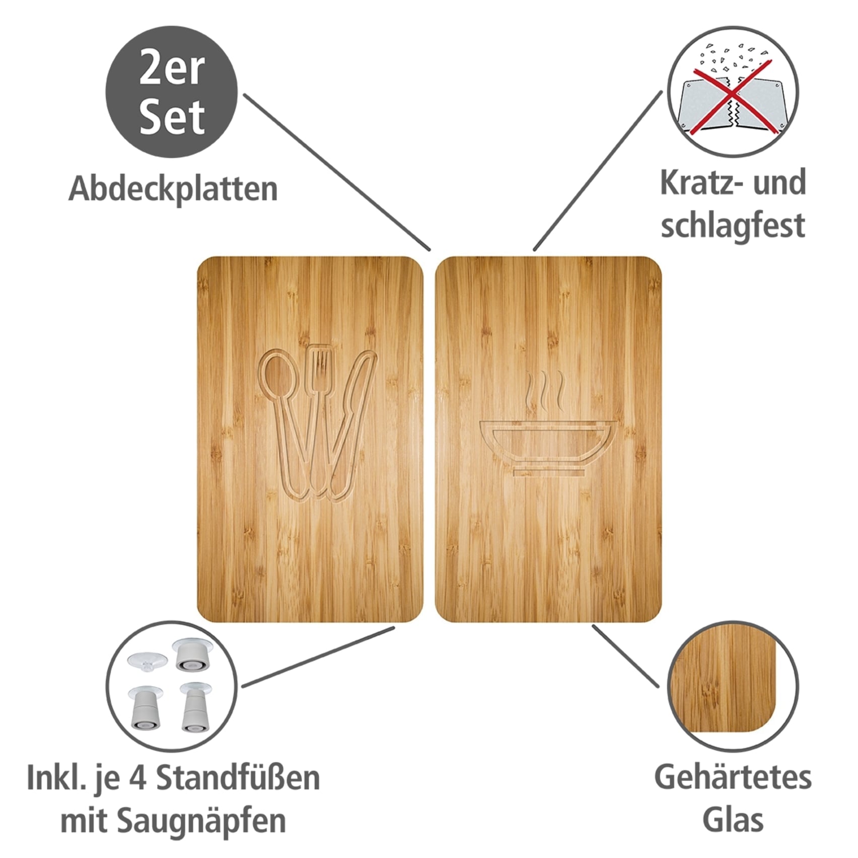 WENKO Herd-Abdeckplatte »Universal Modell Lunch«, (Set, 2 tlg.), Herdabdeckung für alle Herdarten, kratzfest, mit rutschfesten Füßen