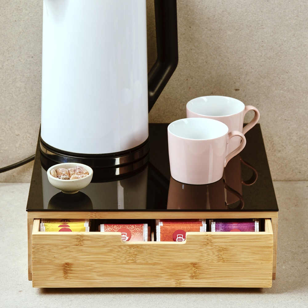 KESPER® Aufbewahrungsbox »Schublade für Kaffee-Kapseln oder Tee, Bambus, FSC« mit Abstellfläche aus hitzebeständigem ESG-Sicherheitsglas
