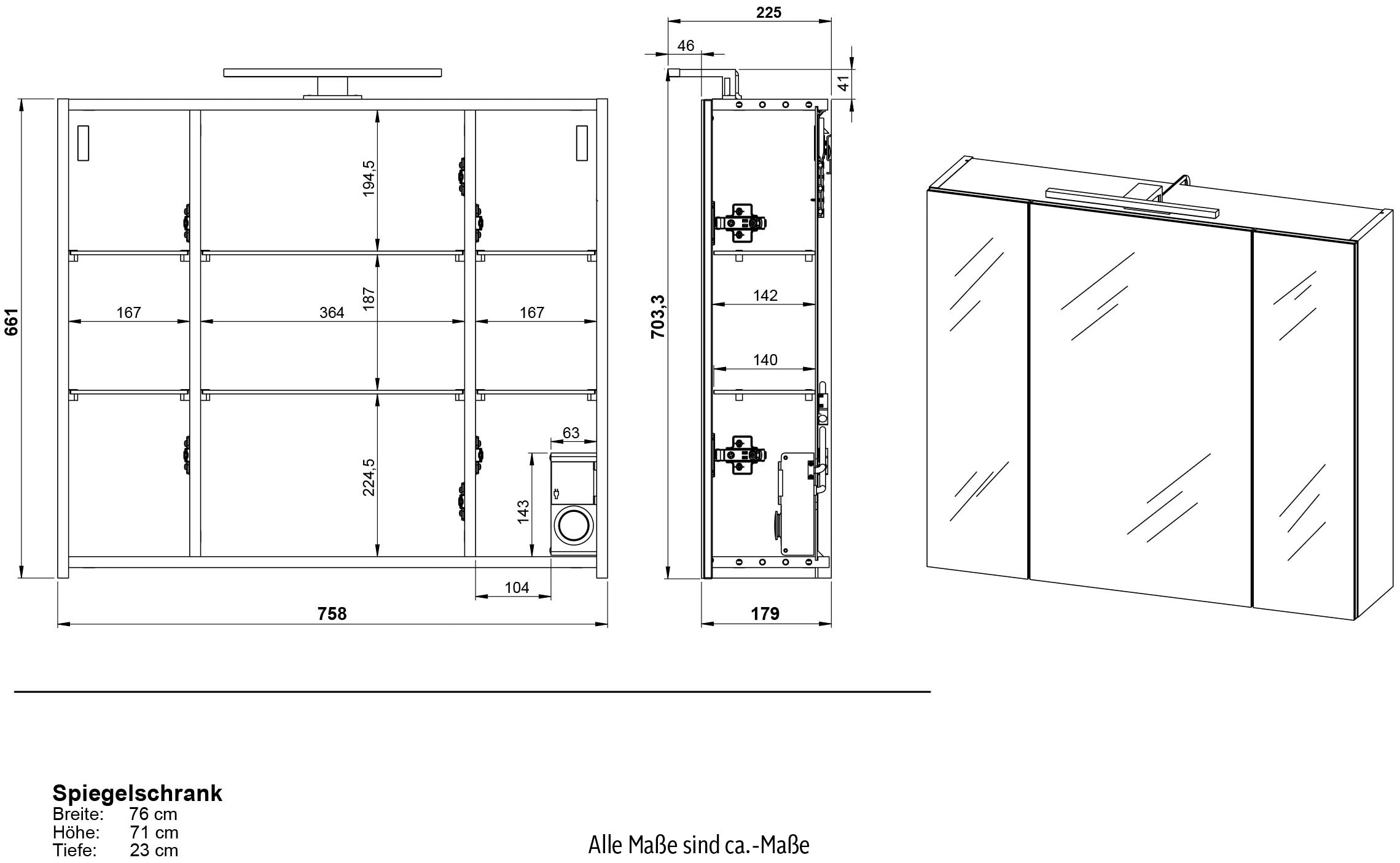 GERMANIA Badmöbel-Set »Torrance«, (3 St.), Waschbecken-Unterschrank, Spiegelschrank mit Beleuchtung und Kommode