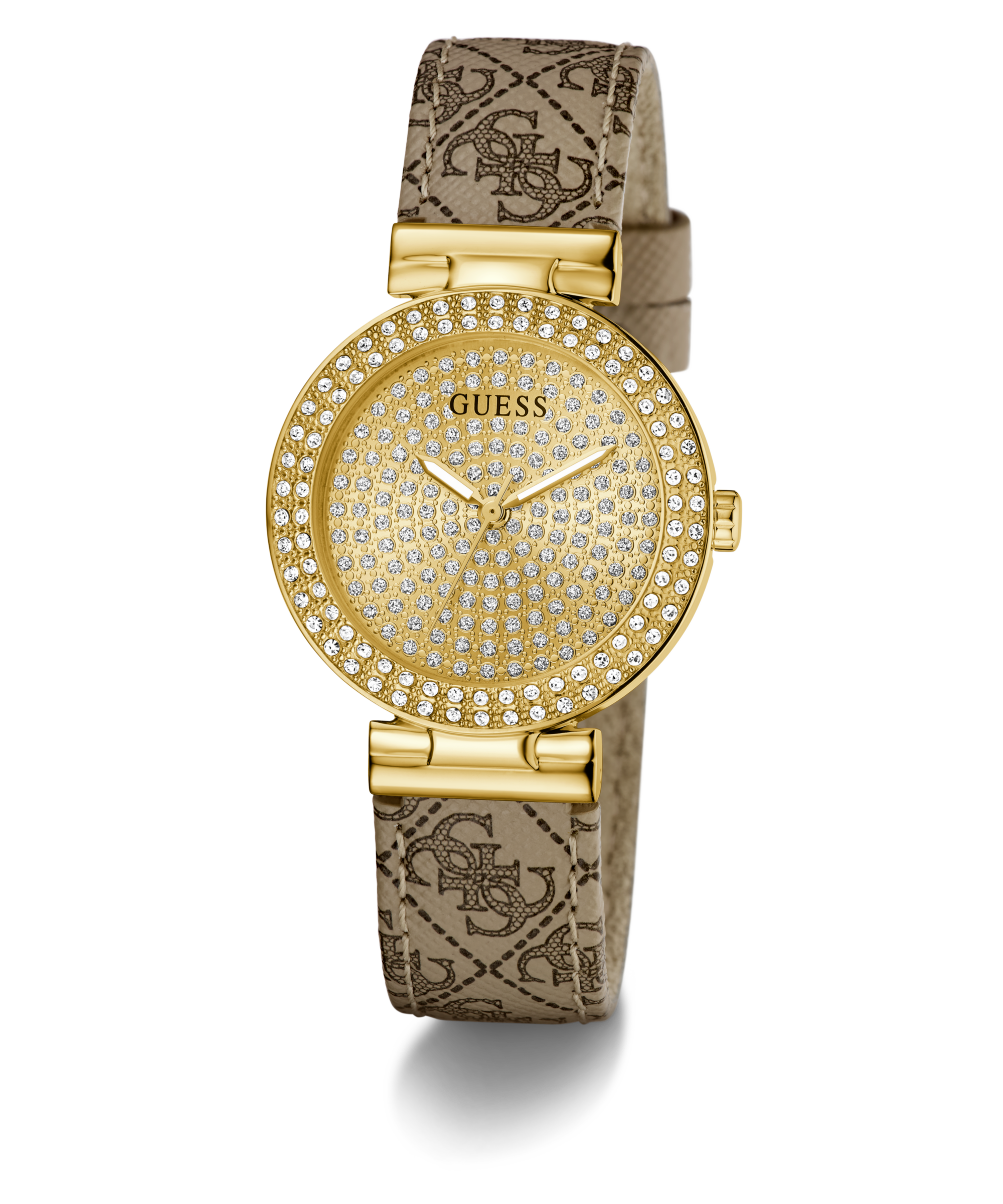 Guess Quarzuhr »IVY« Armbanduhr, Damenuhr, Lederarmband, Kristallsteine